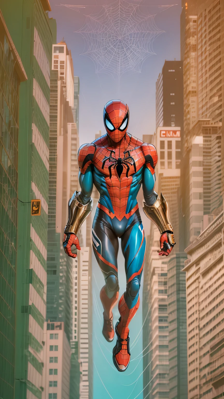 comic style: Robot Spider-Man,Manipulate the hero,red and blue garments,Gold logo,city background, empty eyes, simple background, center.