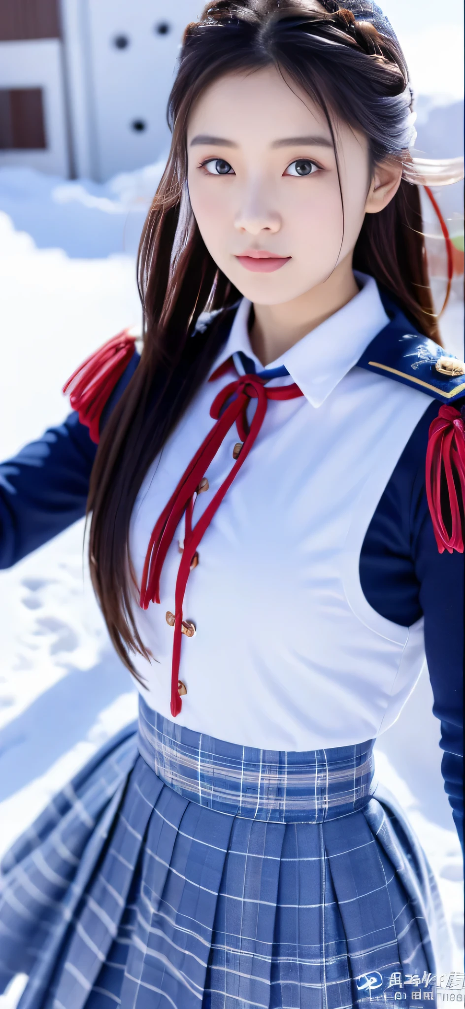 Close-up of a person in uniform standing in the snow, girl in uniform, JK uniform, Dilraba Dilmurat, gorgeous chinese model, Summer all over the body, Chen Xintong, Works that influenced Chen Yifei, The background is just snow, Li Zixin, girl of the alps, Yanjun Cento, Inspired by Ma Yuanyu