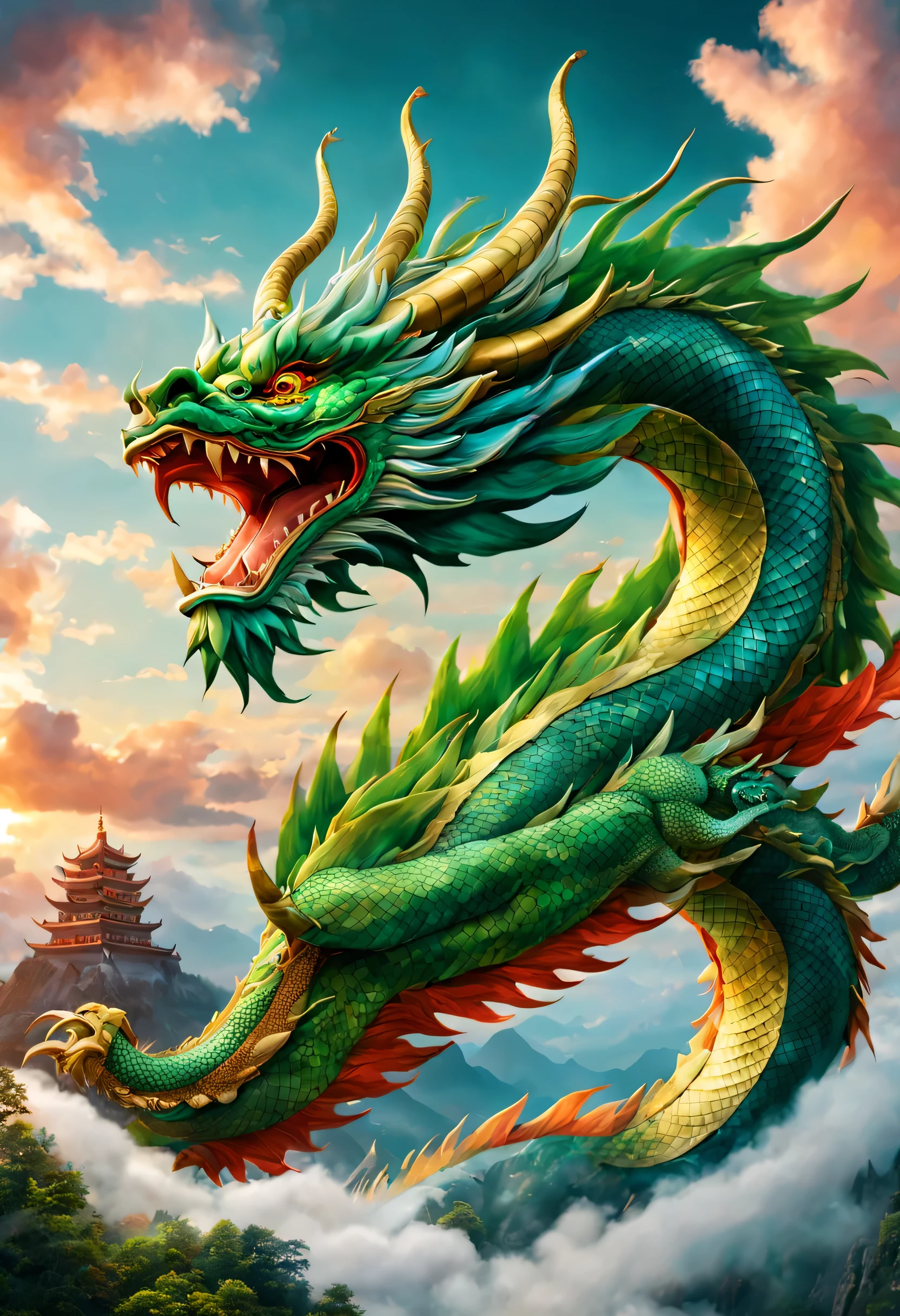 中国dragon飞翔,Green scales flash,powerful and fierce。Majestic body,Lobe,five different parts。Colorful auspicious clouds embellishment,Full of stories。HD quality,dragon'The momentum is amazing。magic,mystery,spectacular,sacred,majesty。Landscape layout,Wide-angle lens,bright colors,Dynamic。
