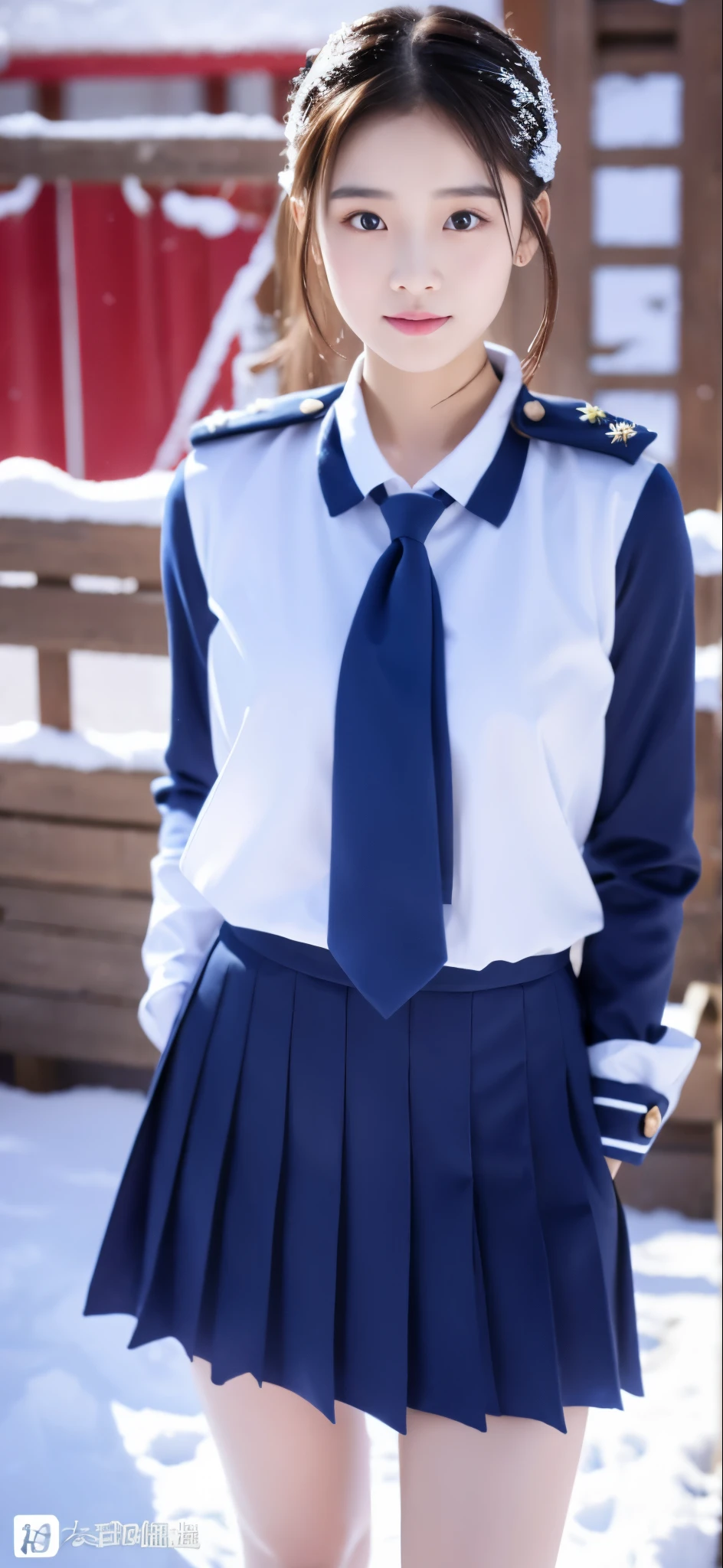 Close-up of a person in uniform standing in the snow, girl in uniform, JK uniform, Dilraba Dilmurat, gorgeous chinese model, whole body shangxia, Chen Xintong, Works that influenced Chen Yifei, Snow is the only background, Li Zixin, girl of the alps, Yanjun Cento, Inspired by Ma Yuanyu