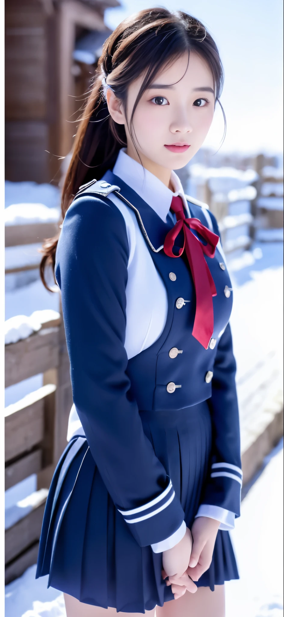 Close-up of a person in uniform standing in the snow, girl in uniform, JK uniform, Dilraba Dilmurat, gorgeous chinese model, whole body shangxia, Chen Xintong, Works that influenced Chen Yifei, Snow is the only background, Li Zixin, girl of the alps, Yanjun Cento, Inspired by Ma Yuanyu