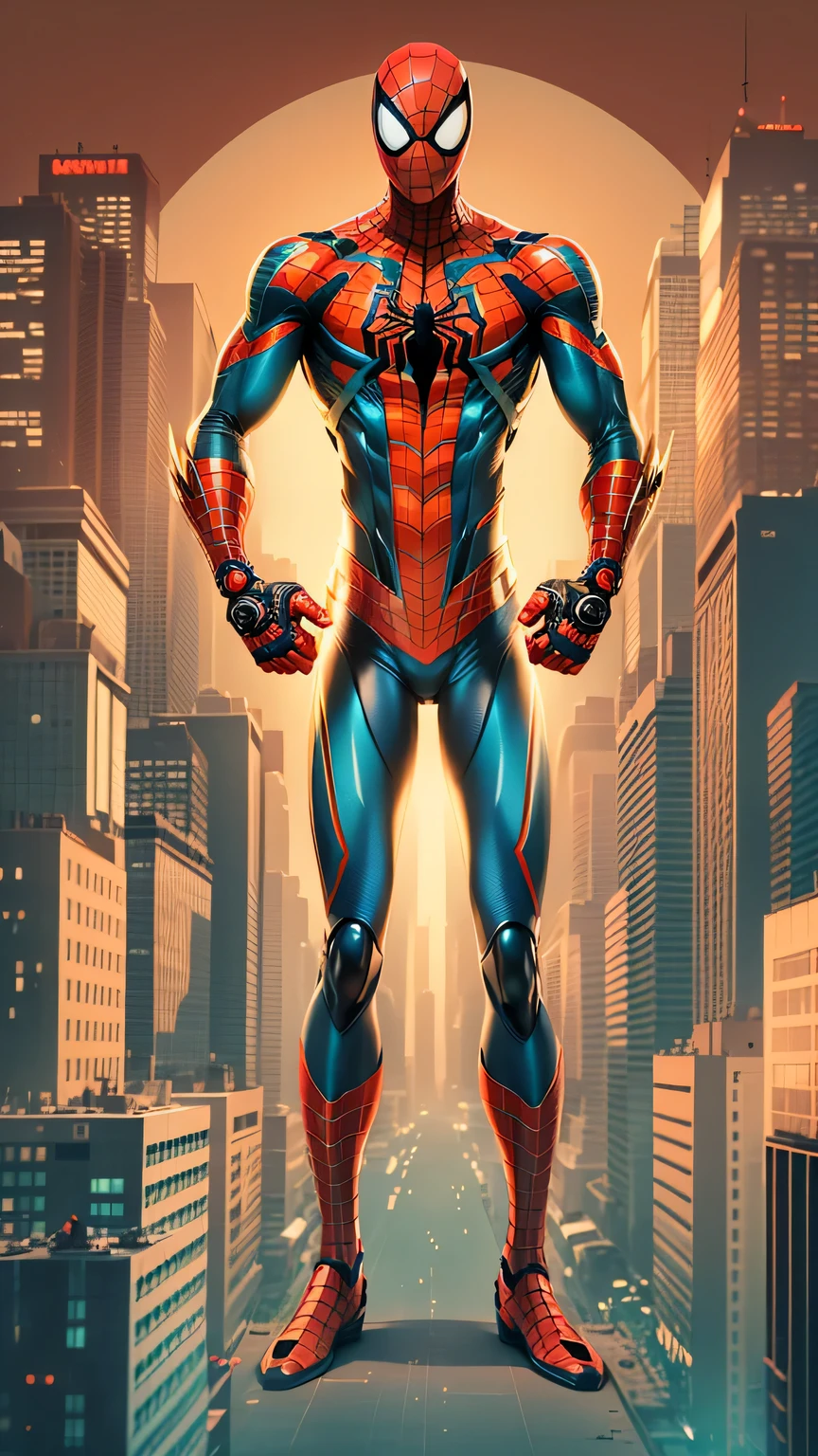 comic style:Robot Spider-Man,Manipulator,hero,red and blue garments,Gold logo,city background, empty eyes, simple background, center.