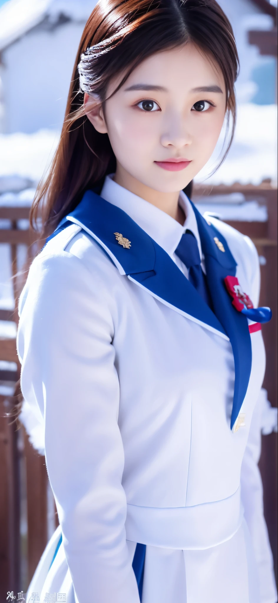 Close-up of a person in uniform standing in the snow, girl in uniform, JK uniform, Dilraba Dilmurat, gorgeous chinese model, whole body shangxia, Chen Xintong, Works that influenced Chen Yifei, Snow is the only background, Li Zixin, girl of the alps, Yanjun Cento, Inspired by Ma Yuanyu