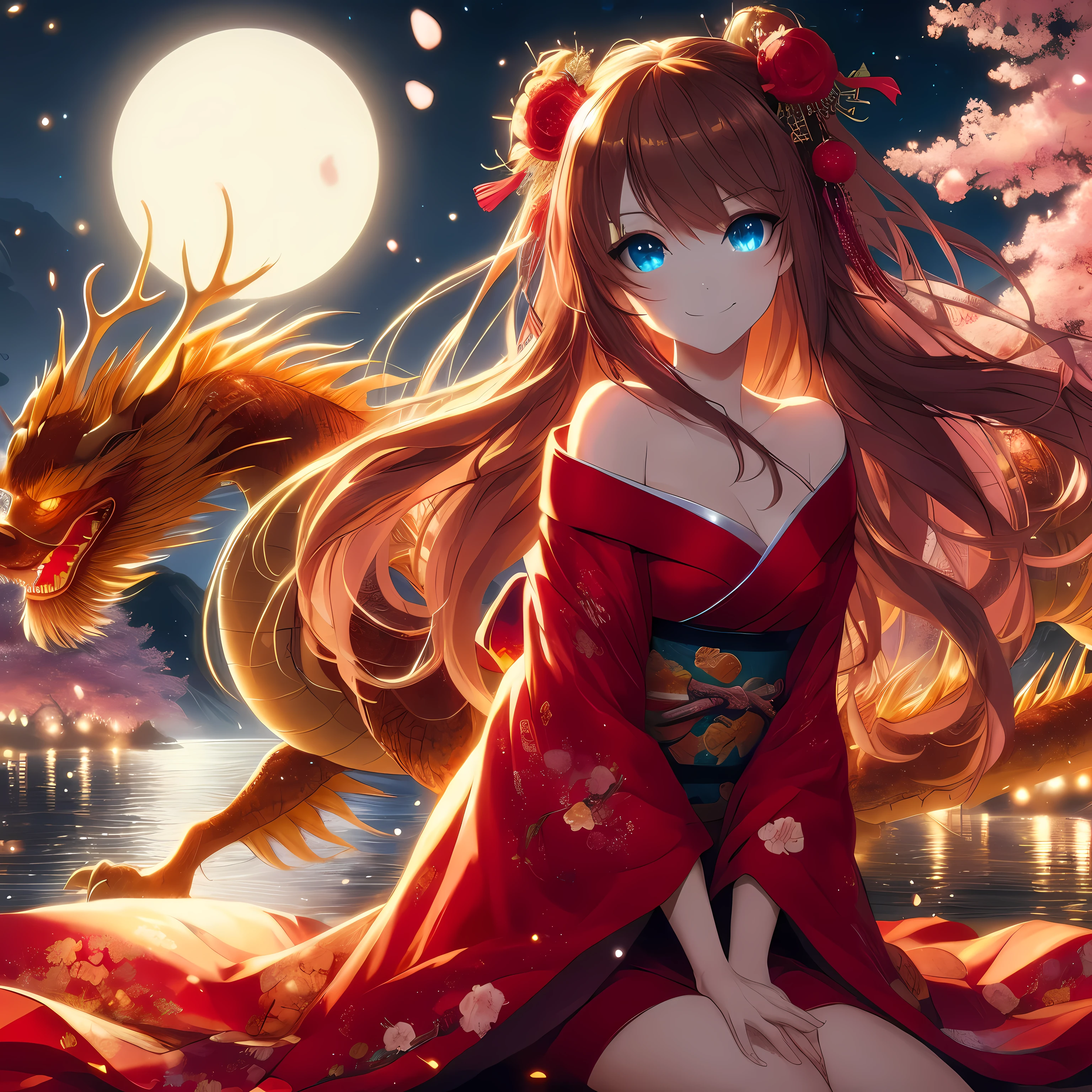 A woman in a red kimono sits on a rock next to a dragon, anime style 4k, Anime Art Wallpaper 4k, Anime Art Wallpaper 4k, anime wallpaper4K, anime wallpaper4k, Animation Art Wallpaper 8k, 4kanime wallpaper, hd anime wallpaper, Beautiful anime, Beautiful anime girl, Beautiful anime style, night nucleus, anime wallpaper