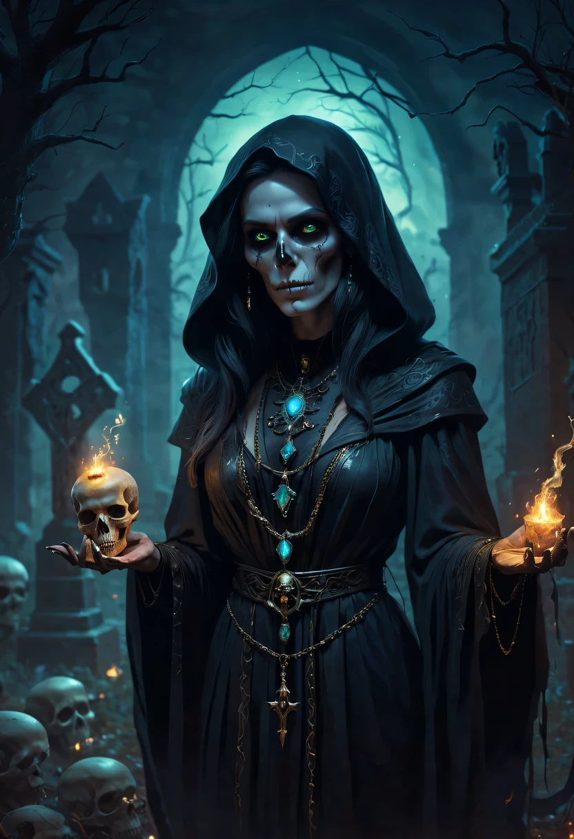 Output prompt: Detailed portrait of a beautiful necromancer with glowing eyes, A flowing dark robe, and intricate skull-shaped jewelry, Cast a powerful spell in a mysterious graveyard; painting, high resolution, Super detailed, Realistic lighting, dark and mysterious color palette, weird atmosphere