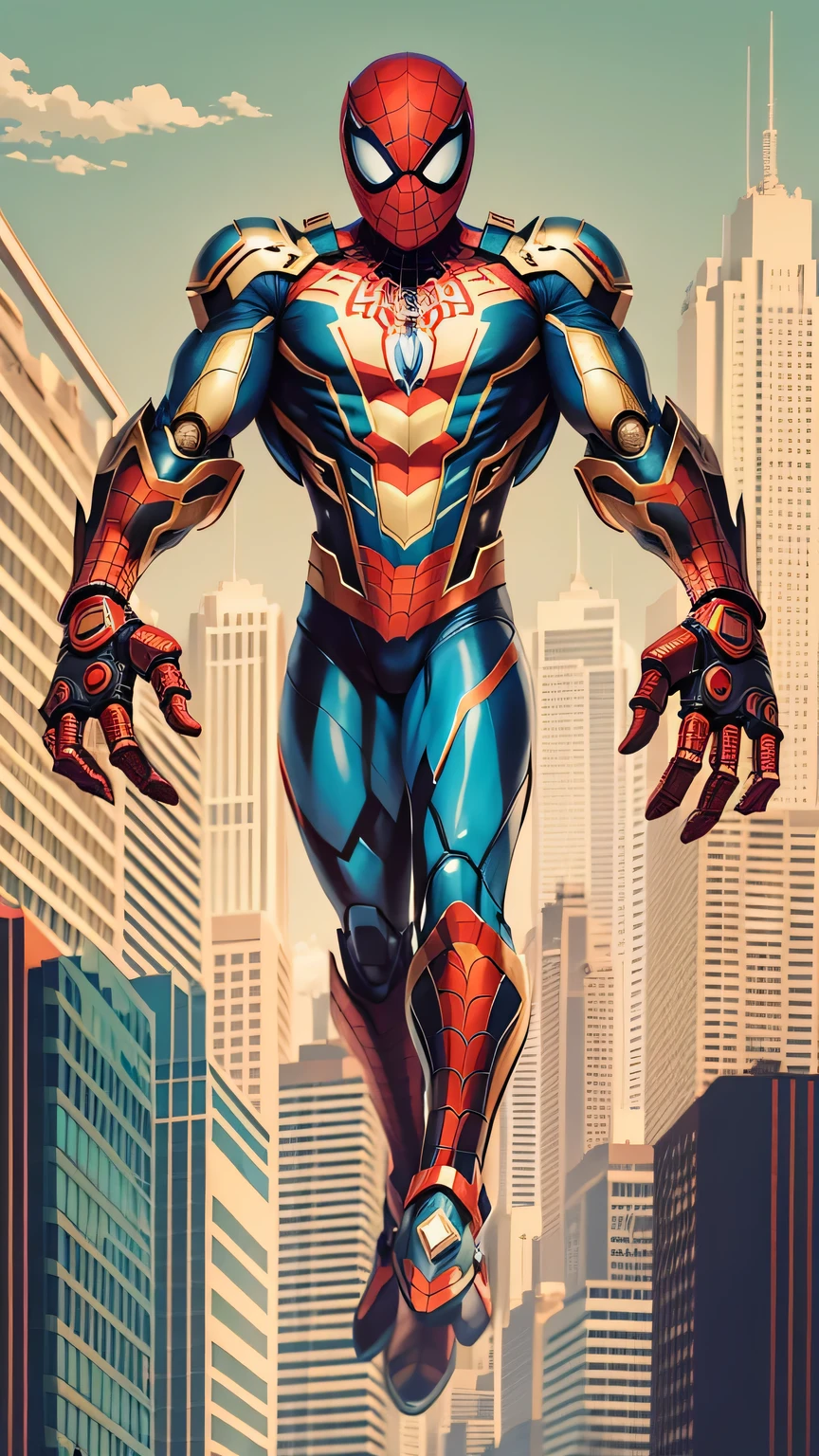 comic style:Robot Spider-Man,Manipulator,hero,red and blue garments,Gold logo,city background, empty eyes, simple background, center.
