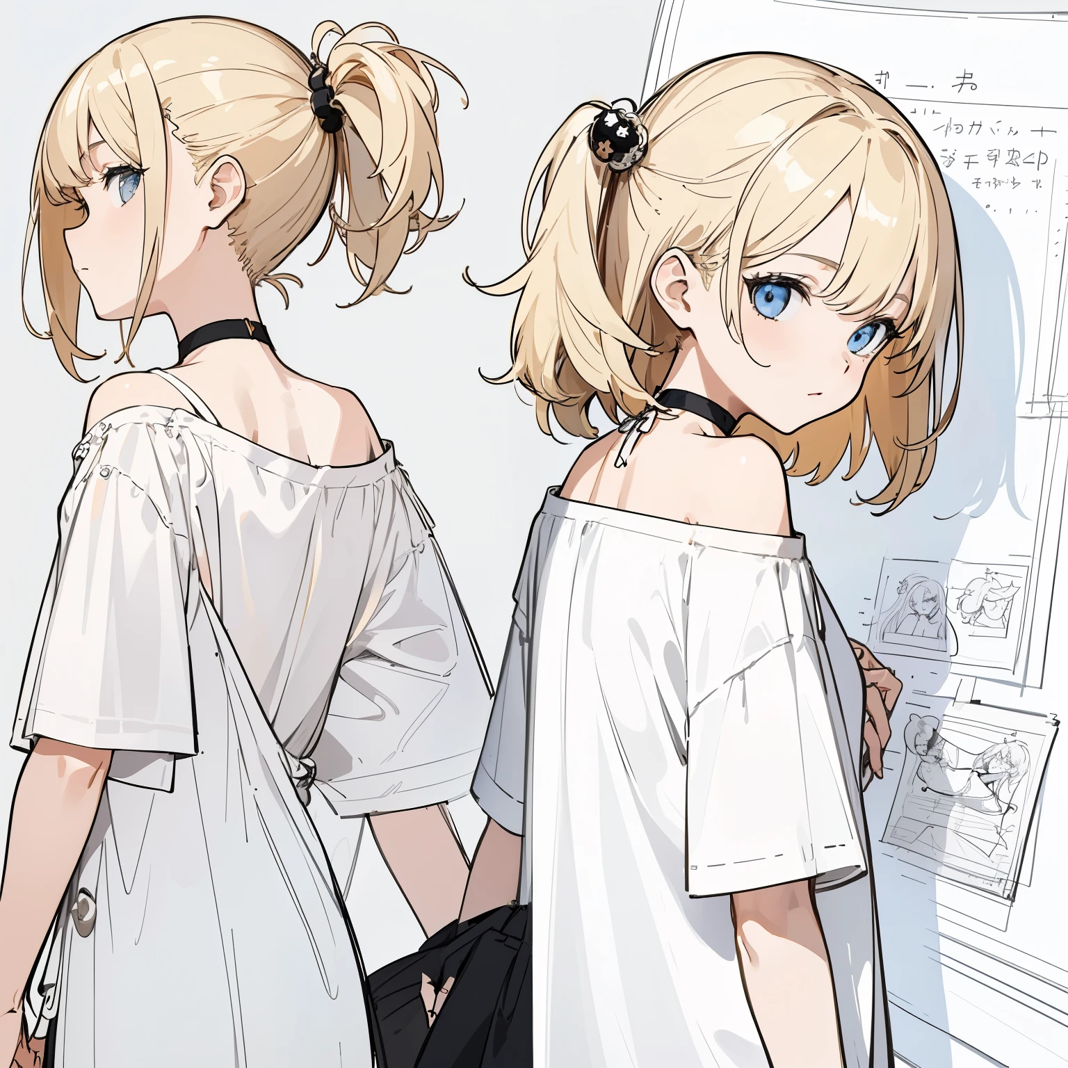 (masterpiece, best quality) detailed,  girl, drawing reference, reference, lineart, sketch, slightly messy blonde medium hair, hair ornament, black choker, white t- shirt,shorts, off shoulder (character design sheet, same character, front, side, back)