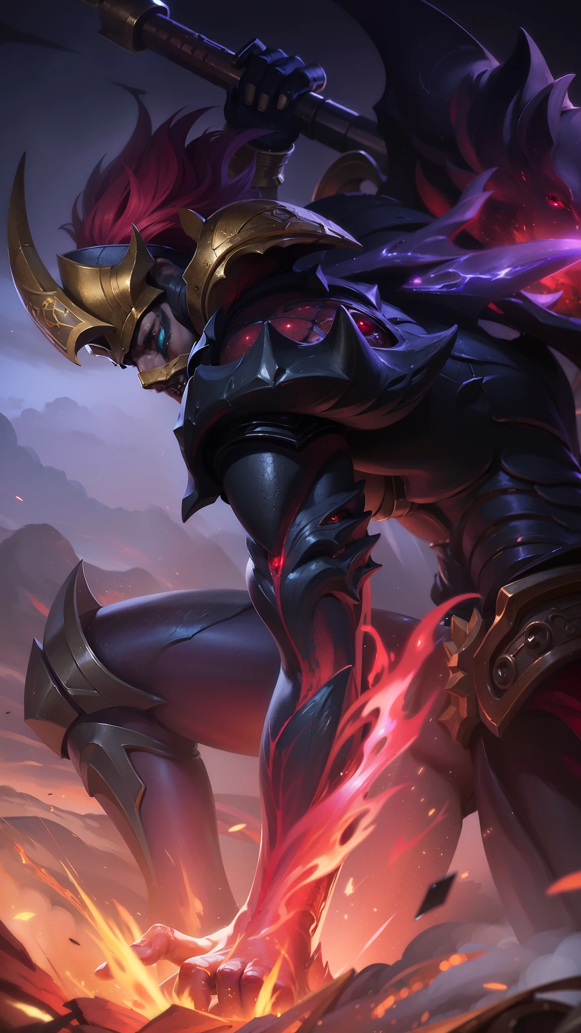masterpiece, ((perfect eyes)) best quality, (semirealism:1.9), beautiful lighting, (extremely detailed CG unity 4k fhd wallpaper), High Detail, Sharp focus, dramatic outdoors, red short hair, 8k, realistic, scary, strong red eye glow (red eye:1.2), a close up of a person with a sword and a fire, painted portrait of mordekaiser, official splash art, splash art, nasus, league of legends concept art, league of legends splash art, riot games concept art, league of legends art, obsidians skin, league of legends character art, iconic character splash art, league of legends splashart.