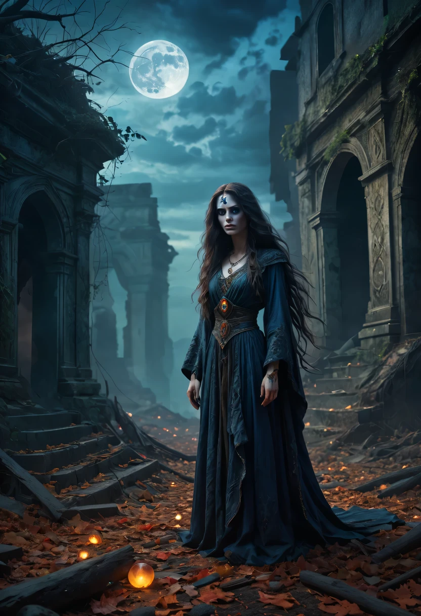 (a beautiful, complex, and very detailed pictures) a dead witch (In the ruins of forgotten war cities) [Moderate:illustration or painting], (dramatic lighting, bright colors), (best quality, high resolution, Super detailed), (amazing, amazing杰作:1.2), (lifelike:1.37), (high dynamic range, studio lighting), (With a hint of terror and mystery), (dark and ominous atmosphere), (spectacular ruins, broken building, Overgrown vines), (Gorgeous, Gorgeous, and mystical robe with complex patterns and textures), (long flowing hair，with a hint of supernatural sheen), (pale, lifeless complexion，striking, Glowing eyes full of magic and mystery), (holding an ancient, enchanted staff with complex carvings and magical gemstones), (Surrounded by floating orbs or wisps of ethereal magic), (A ghost or creature lurking in the shadows), (tragedy and loneliness), (A glimpse of a once great civilization), (Dense fog or haze adds to the eerie atmosphere), (Dramatic poses and expressions, Evoking power and magic), (A touch of destruction and chaos), (The silhouette of the full moon casts an ethereal glow), (Fallen leaves or battlefield debris scattered on the ground), (Overall sense of magic and mysterious narrative).