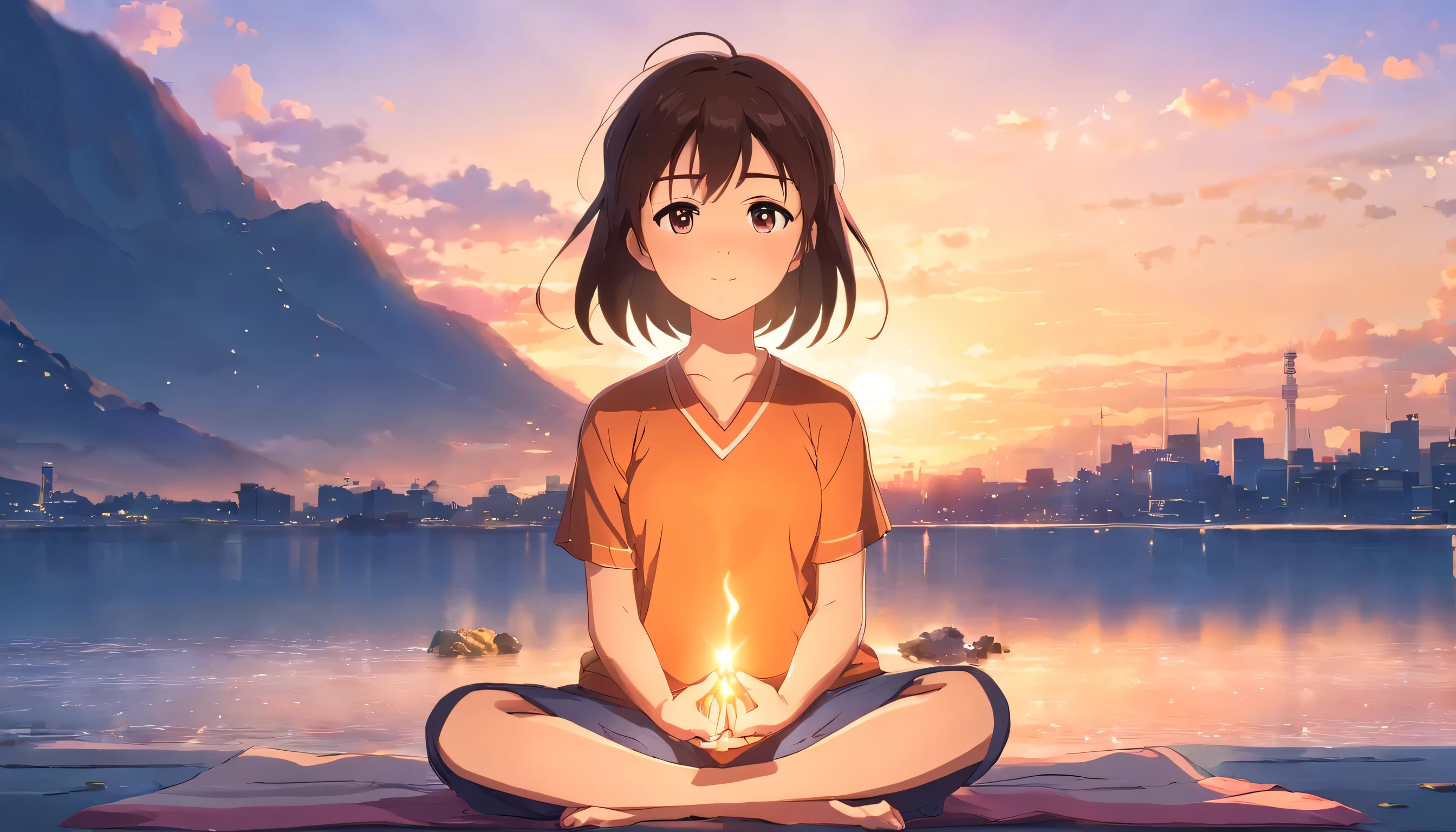 Image of a lovely girl meditating, turn this way, masterpiece, better quality, movie stills, close, bright, Happy, soft lighting and warmth, sun sunset, (spark: 0,7), The Power of Light, black hair, long hair