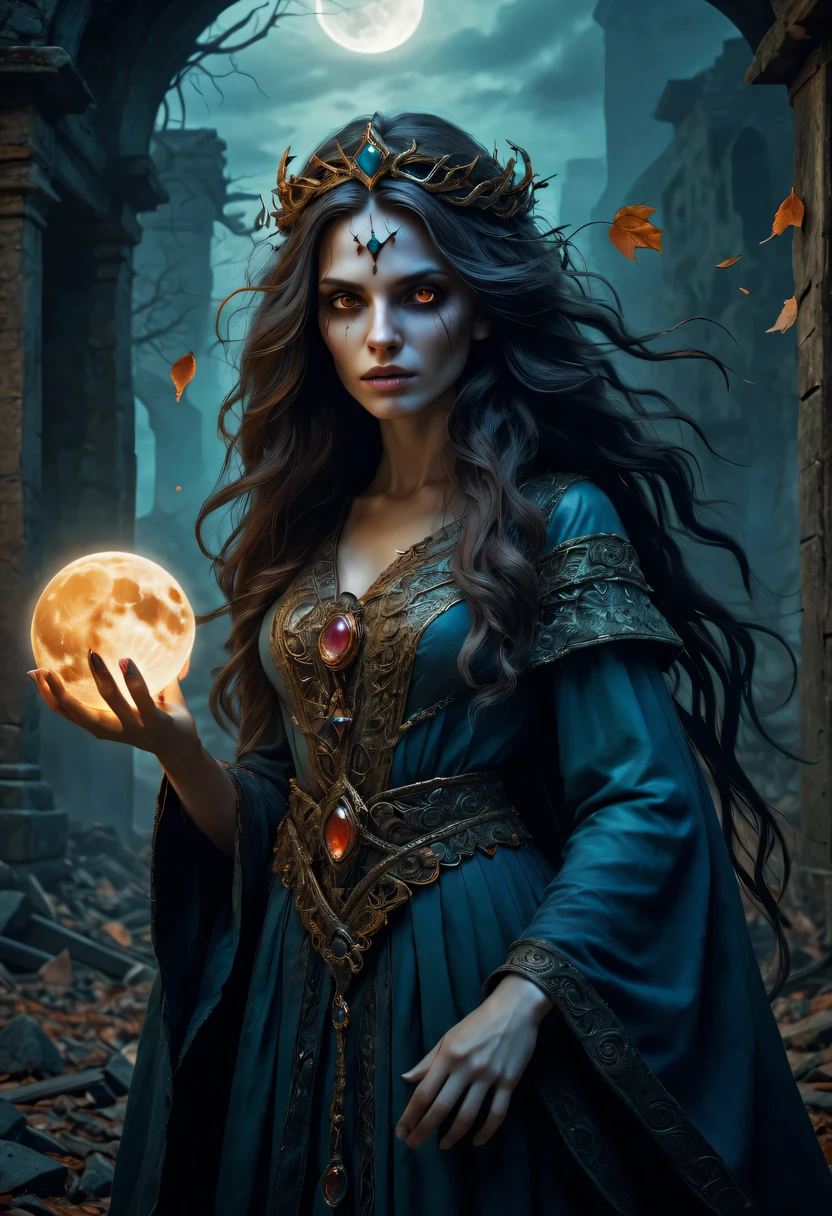 (a beautiful, complex, and very detailed pictures) a dead witch (In the ruins of forgotten war cities) [Moderate:illustration or painting], (dramatic lighting, bright colors), (best quality, high resolution, Super detailed), (amazing, amazing杰作:1.2), (lifelike:1.37), (high dynamic range, studio lighting), (With a hint of terror and mystery), (dark and ominous atmosphere), (spectacular ruins, broken building, Overgrown vines), (Gorgeous, Gorgeous, and mystical robe with complex patterns and textures), (long flowing hair，with a hint of supernatural sheen), (pale, lifeless complexion，striking, Glowing eyes full of magic and mystery), (holding an ancient, enchanted staff with complex carvings and magical gemstones), (Surrounded by floating orbs or wisps of ethereal magic), (A ghost or creature lurking in the shadows), (tragedy and loneliness), (A glimpse of a once great civilization), (Dense fog or haze adds to the eerie atmosphere), (Dramatic poses and expressions, Evoking power and magic), (A touch of destruction and chaos), (The silhouette of the full moon casts an ethereal glow), (Fallen leaves or battlefield debris scattered on the ground), (Overall sense of magic and mysterious narrative).