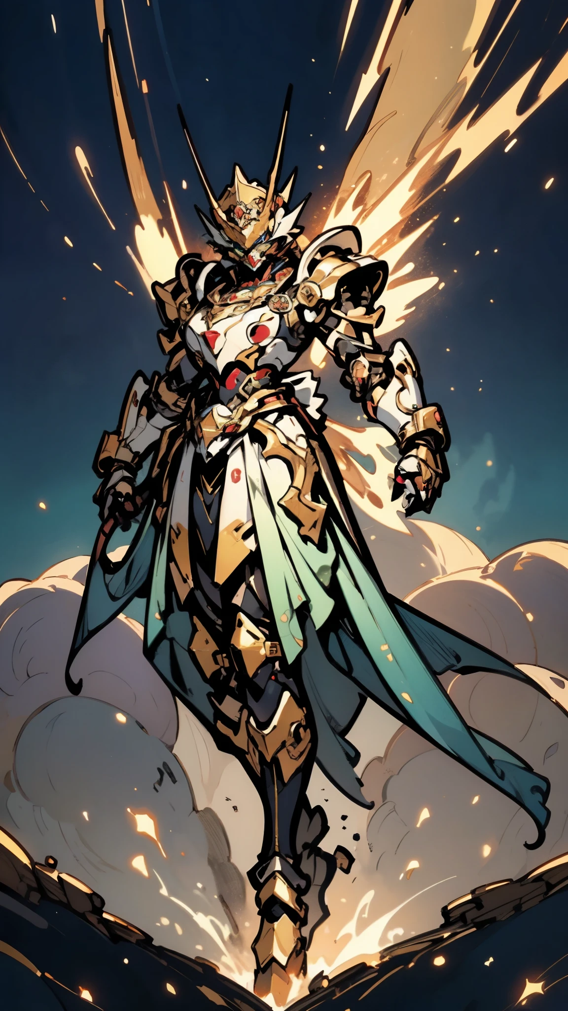 A woman adorned in fantasy-style full-body armor, a crown-concept fully enclosed helmet that unveils only her eyes, a composite layered chest plate, fully encompassing shoulder and hand guards, a lightweight waist armor, form-fitting shin guards, the overall design is heavy-duty yet flexible, (the armor gleams with a golden glow, complemented by red and blue accents), exhibiting a noble aura, she floats above a fantasy-surreal high-tech city, this character embodies a finely crafted fantasy-surreal style armored hero in anime style, exquisite and mature manga art style, (mixture of Queen bee and Spider concept Armor, plasma), ((Element, elegant, goddess, femminine:1.5)), metallic, high definition, best quality, highres, ultra-detailed, ultra-fine painting, extremely delicate, professional, anatomically correct, symmetrical face, extremely detailed eyes and face, high quality eyes, creativity, RAW photo, UHD, 32k, Natural light, cinematic lighting, masterpiece-anatomy-perfect, masterpiece:1.5