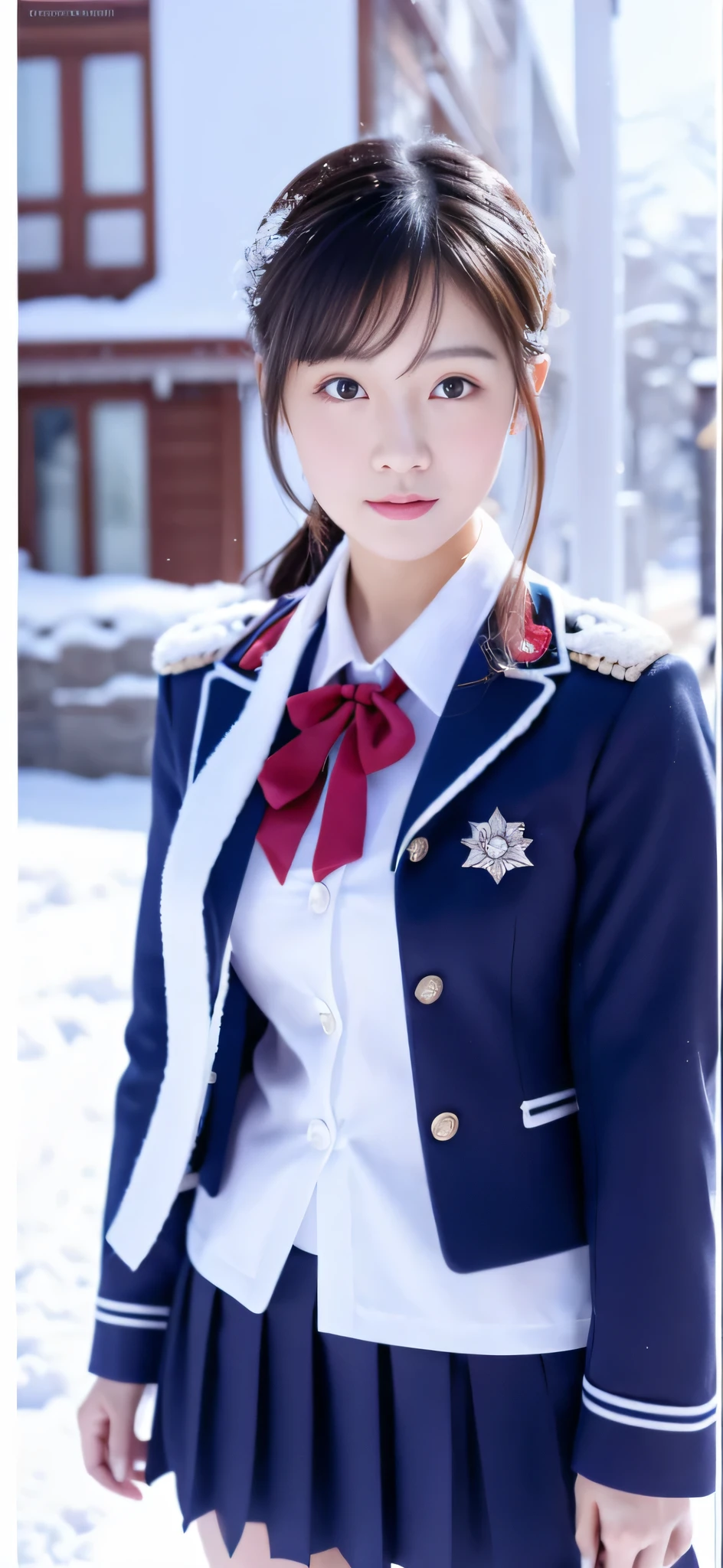 Close-up of a person in uniform standing in the snow, girl in uniform, JK uniform, Dilraba Dilmurat, gorgeous chinese model, Summer all over the body, Chen Xintong, Works that influenced Chen Yifei, The background is just snow, Li Zixin, girl of the alps, Yanjun Cento, Inspired by Ma Yuanyu