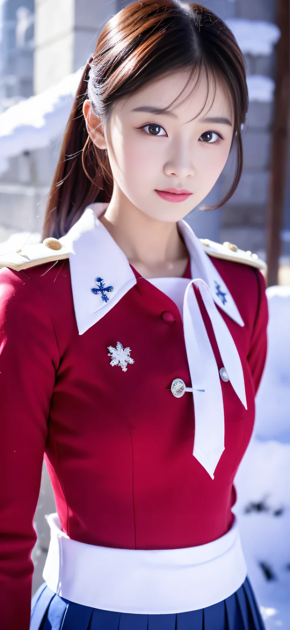 Close-up of a person in uniform standing in the snow, girl in uniform, JK uniform, Dilraba Dilmurat, gorgeous chinese model, Summer all over the body, Chen Xintong, Works that influenced Chen Yifei, The background is just snow, Li Zixin, girl of the alps, Yanjun Cento, Inspired by Ma Yuanyu