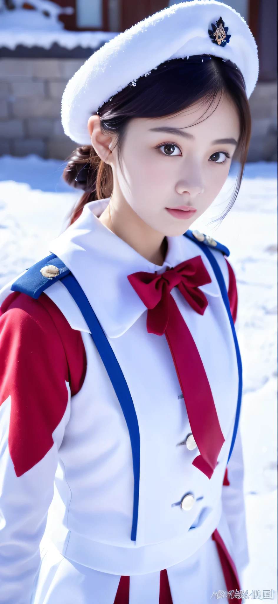 Close-up of a person in uniform standing in the snow, girl in uniform, JK uniform, Dilraba Dilmurat, gorgeous chinese model, Summer all over the body, Chen Xintong, Works that influenced Chen Yifei, The background is just snow, Li Zixin, girl of the alps, Yanjun Cento, Inspired by Ma Yuanyu