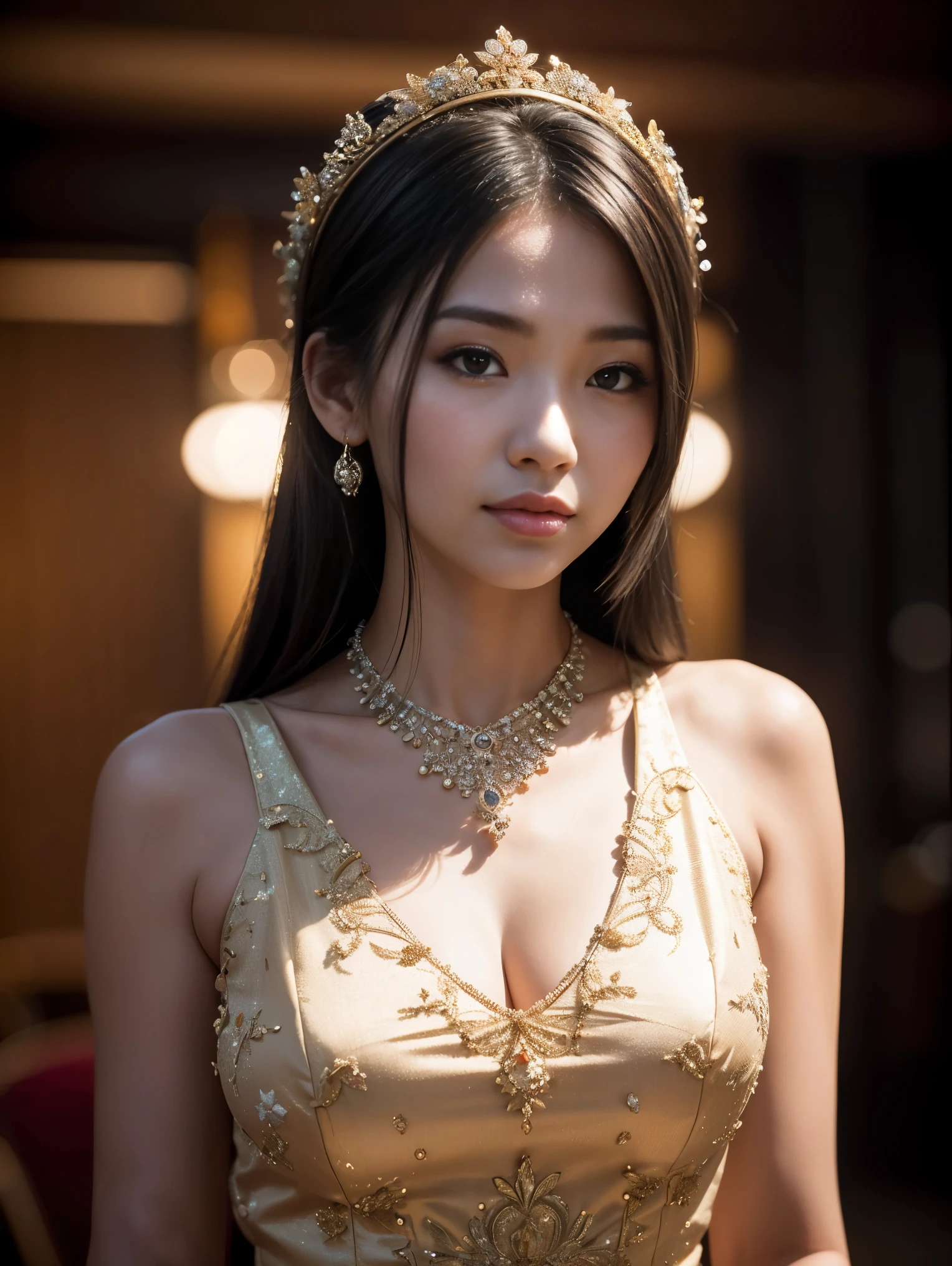 Best Quality, Masterpiece, Hi-Res, One Girl, Cheongsam, Headwear, Necklace, Jewelry, Beautiful Face, upon_body, Tyndall Effect, Photorealistic, Dark Studio, Rim Lighting, Two-Tone Lighting, (High Definition Skin: 1.2), 8k uhd, dslr, soft lighting, high quality, volumetric lighting, candid, photography, high resolution, 4k, 8k, bokeh,