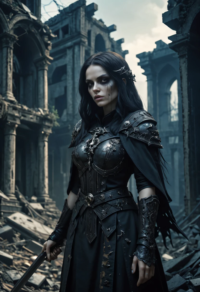 A young female vampire with black hair, wearing fur armor and heavy steel armor with a skull on the chest, standing in a gloomy castle environment, smiling with a high level of detail on the objects, in a horror style
