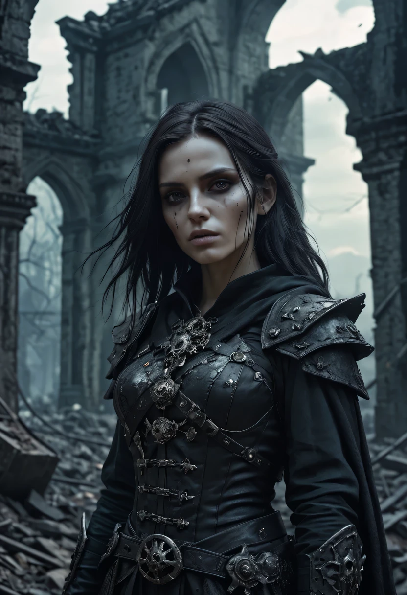 a beautiful necromancer,medium shot,complicated,high detail,dramatic,The forgotten war,city ruins。
