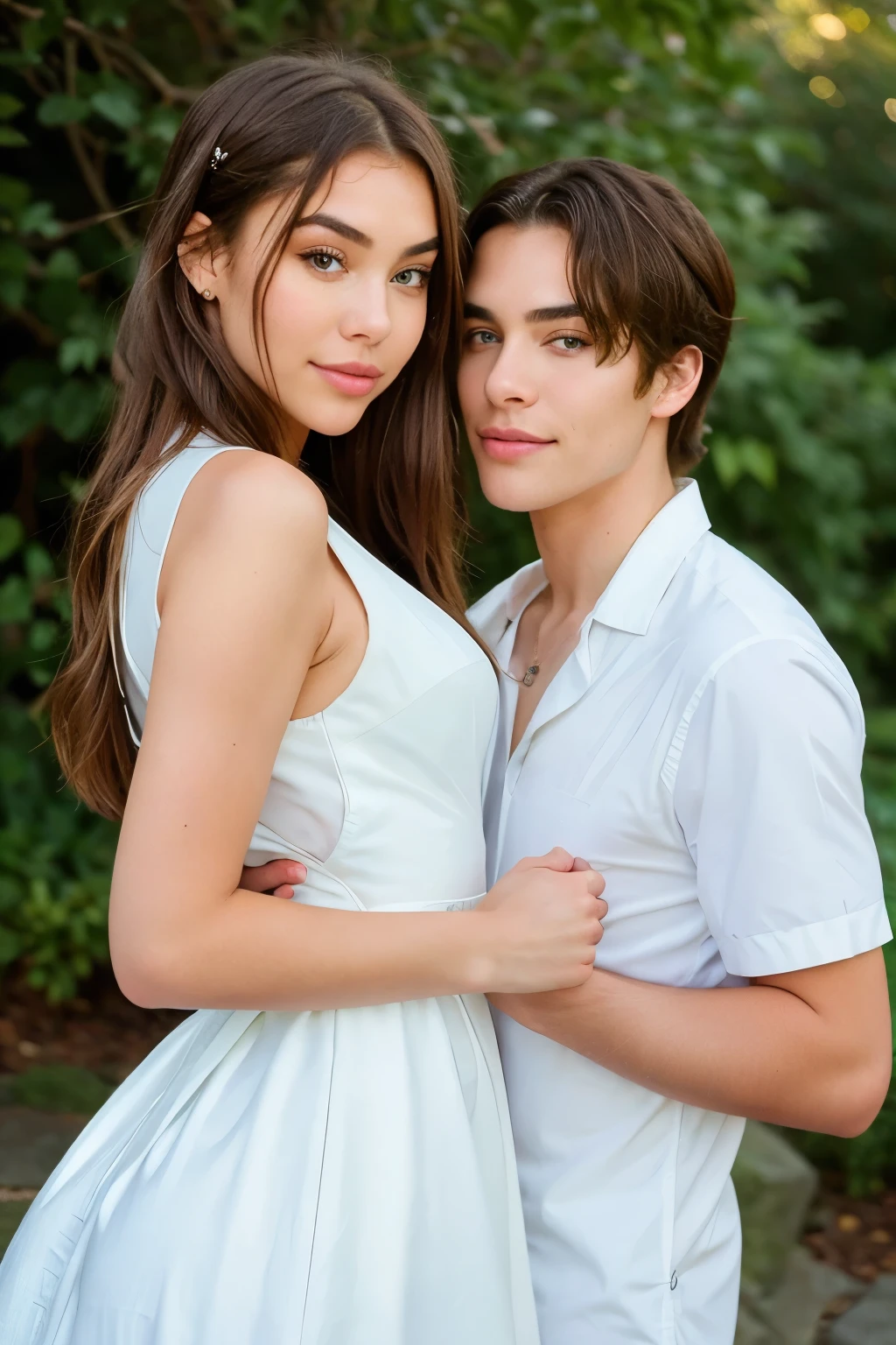 Beautiful young pop star Madison Beer, wearing a classic maid dress with an elegant and playful touch, poses for heartwarming photos next to her boyfriend, James. In these candid shots, Madison's natural beauty shines through, with expressive blue eyes, shiny chestnut hair, and a radiant, charming smile. Taken in high resolution, these masterpiece-quality images boast intricate details, sharp focus, detailed textures on her skin and the maid dress fabric, professionally capturing every element in a 4k or even 8k UHD photography session. With James by her side, they share a loving connection, their hands intertwined, and the partnership between them apparent in every frame