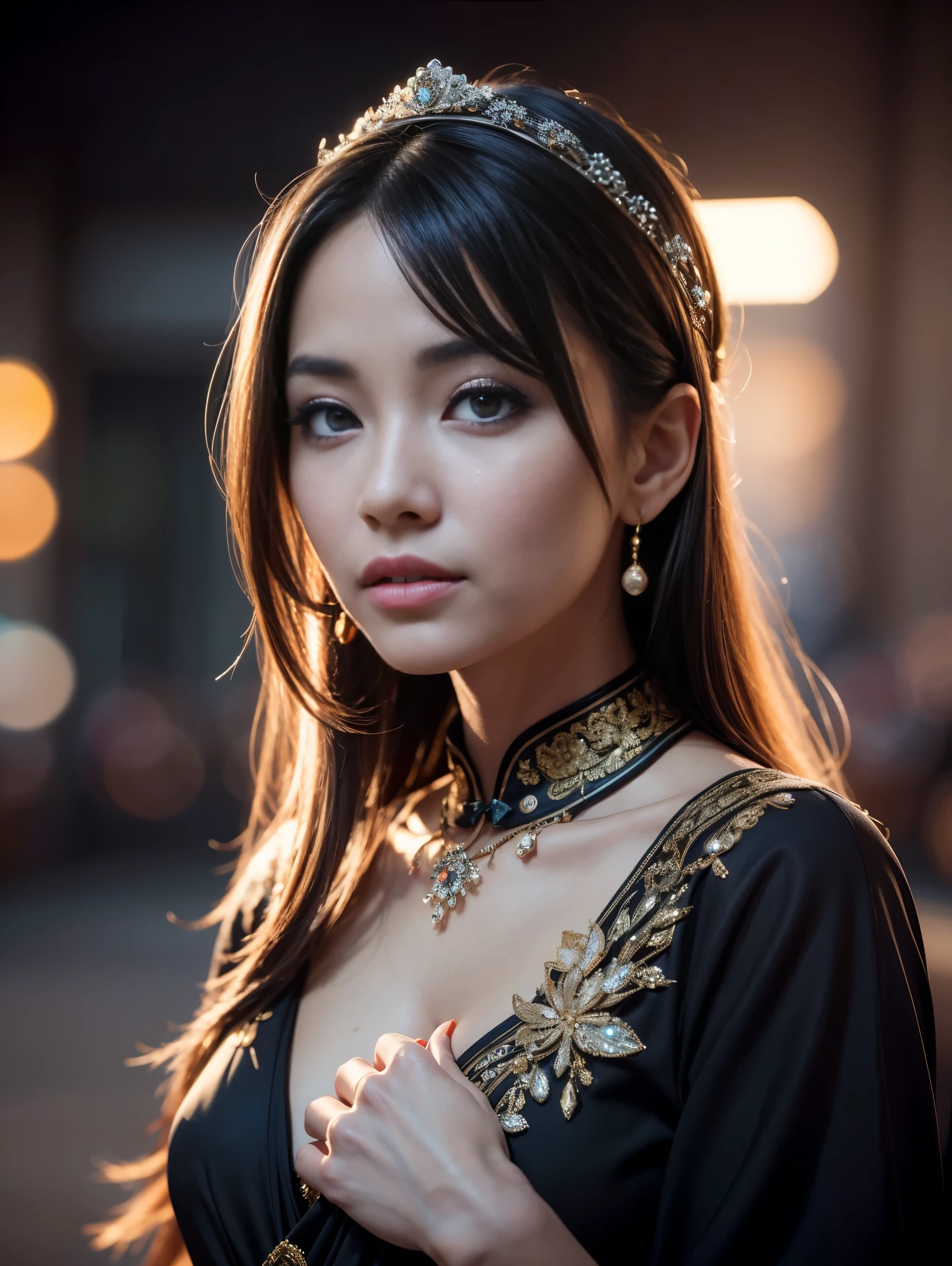 Best Quality, Masterpiece, Hi-Res, One Girl, Cheongsam, Headwear, Necklace, Jewelry, Beautiful Face, upon_body, Tyndall Effect, Photorealistic, Dark Studio, Rim Lighting, Two-Tone Lighting, (High Definition Skin: 1.2), 8k uhd, dslr, soft lighting, high quality, volumetric lighting, candid, photography, high resolution, 4k, 8k, bokeh,