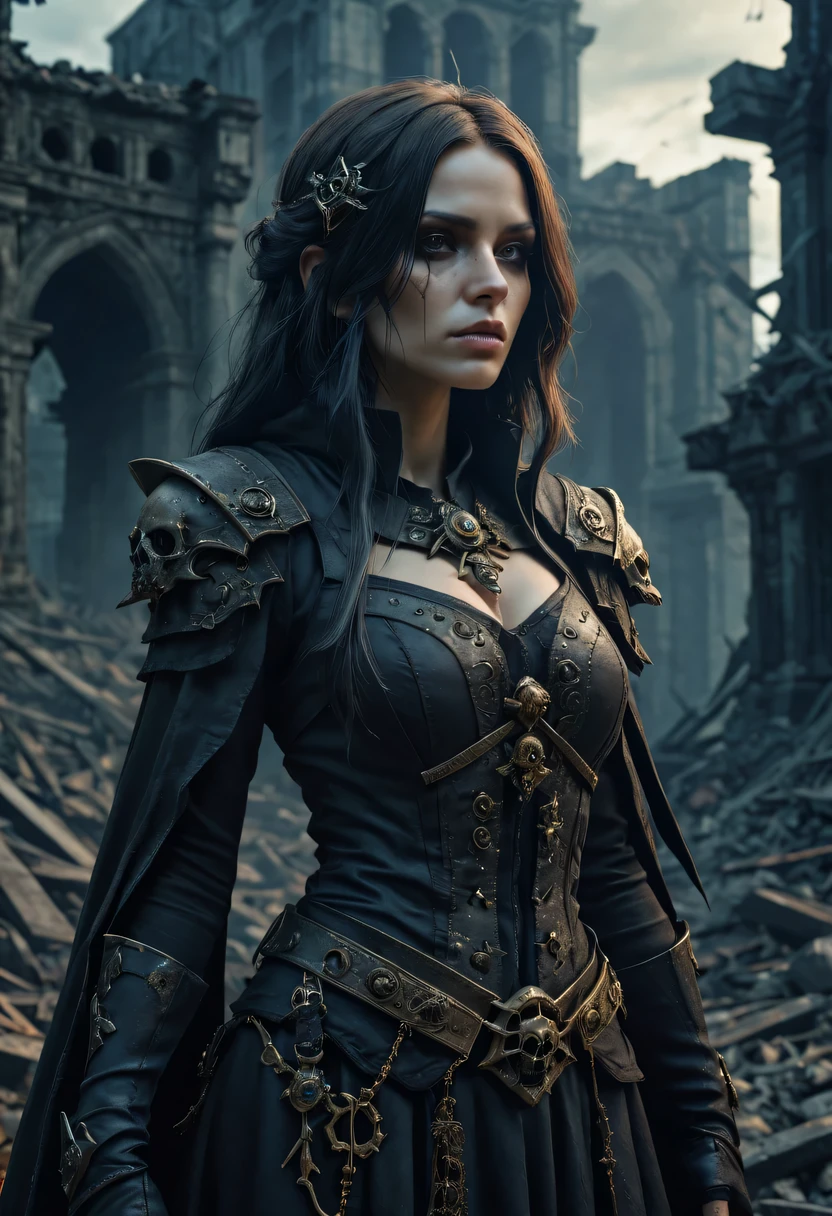 a beautiful necromancer,medium shot,complicated,high detail,dramatic,The forgotten war,city ruins。