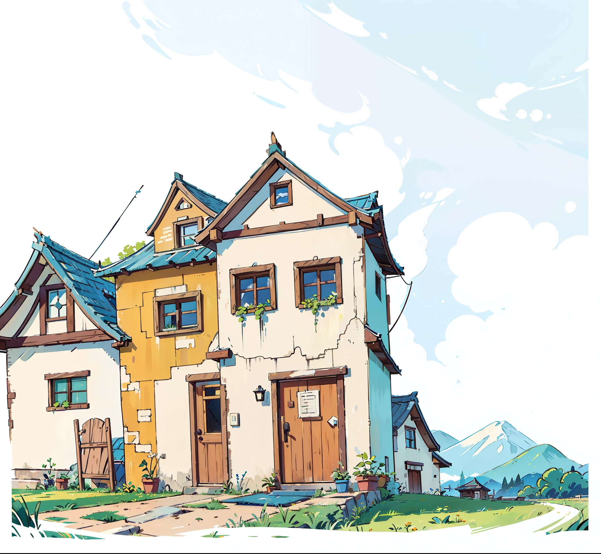 rural,A row of beautiful little houses,背景是rural,grassland,blue sky,high detail, 8k,There are mountains in the distance