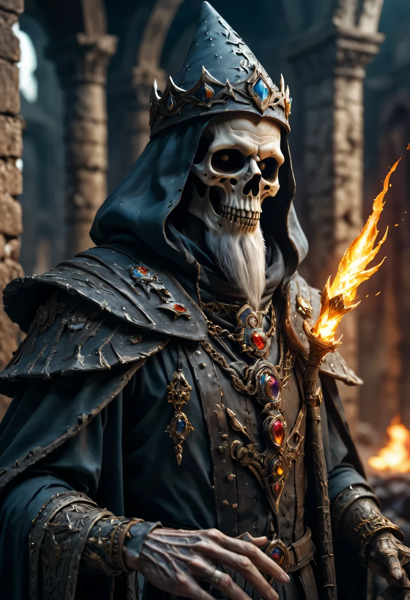 (Good Lich Wizard,medium shot, complex, Very detailed,dramatic,The forgotten war,city ruins)(best quality,4k,8k,high resolution,masterpiece:1.2),Super detailed,(actual,photoactual,photo-actual:1.37),high dynamic range,ultra high definition,studio lighting,Ultra-fine painting,sharp focus,Physically based rendering,extremely detailed description,professional,bright colors,Bokeh)(portrait,photography)
