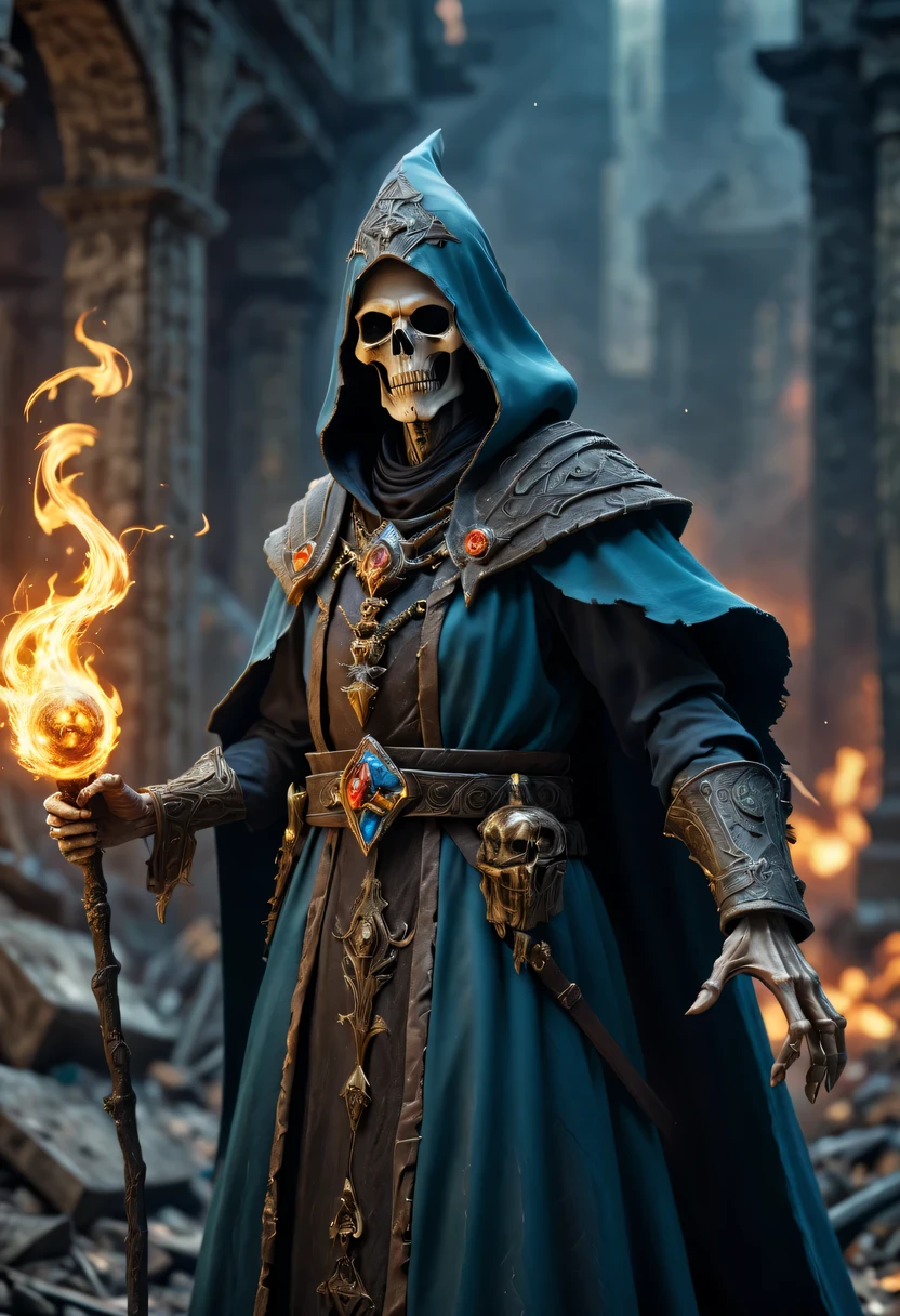 (Good Lich Wizard,medium shot, complex, Very detailed,dramatic,The forgotten war,city ruins)(best quality,4k,8k,high resolution,masterpiece:1.2),Super detailed,(actual,photoactual,photo-actual:1.37),high dynamic range,ultra high definition,studio lighting,Ultra-fine painting,sharp focus,Physically based rendering,extremely detailed description,professional,bright colors,Bokeh)(portrait,photography)