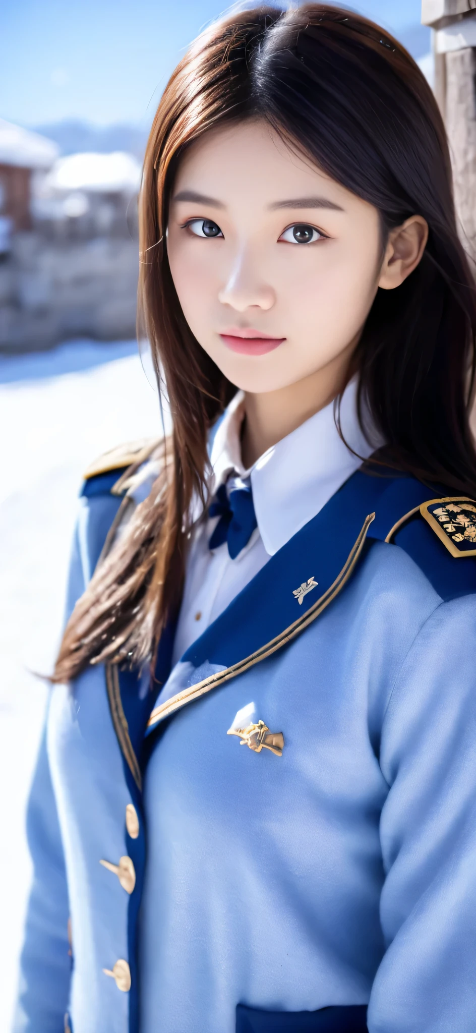 Close-up of a person in uniform standing in the snow, girl in uniform, JK uniform, Dilraba Dilmurat, gorgeous chinese model, Summer all over the body, Chen Xintong, Works that influenced Chen Yifei, The background is just snow, Li Zixin, girl of the alps, Yanjun Cento, Inspired by Ma Yuanyu