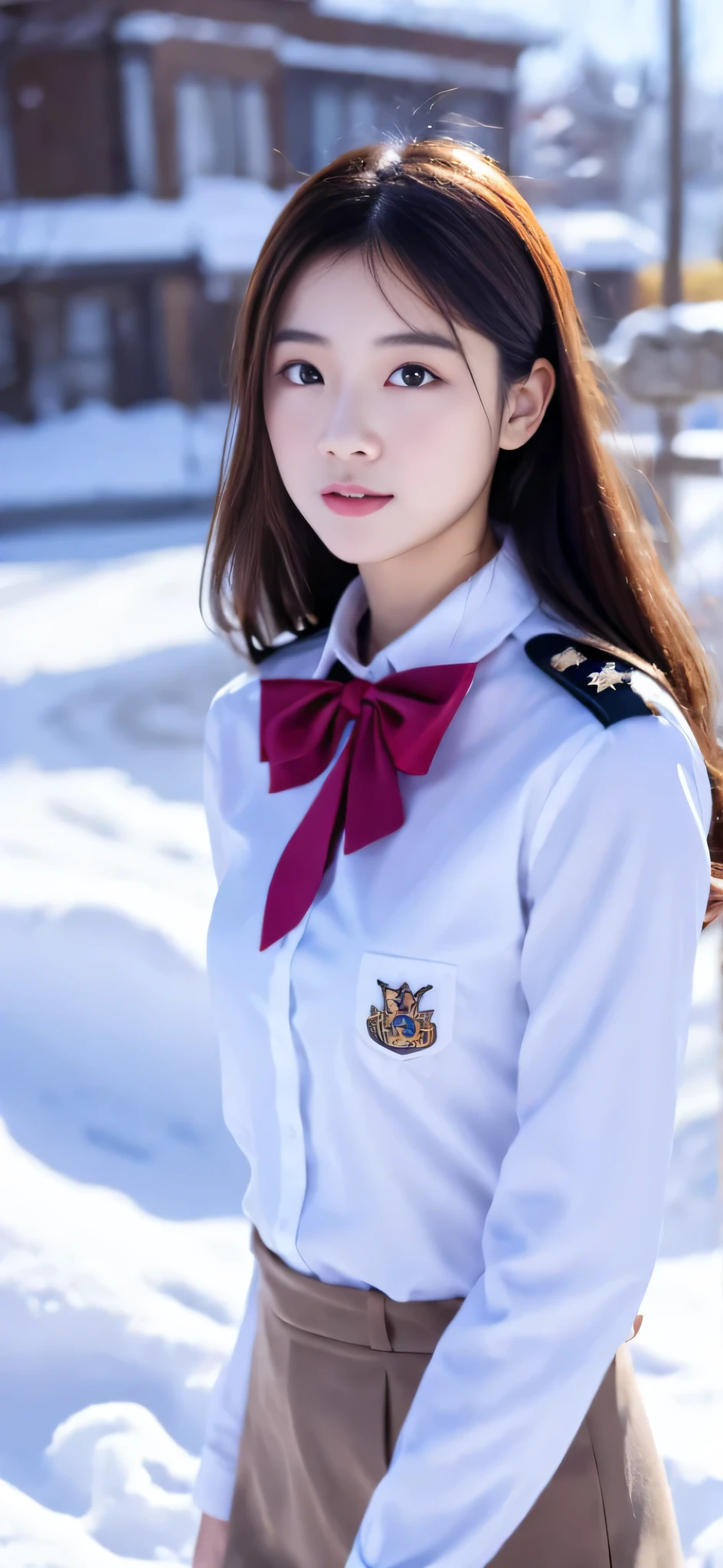 Close-up of a person in uniform standing in the snow, girl in uniform, JK uniform, Dilraba Dilmurat, gorgeous chinese model, Summer all over the body, Chen Xintong, Works that influenced Chen Yifei, The background is just snow, Li Zixin, girl of the alps, Yanjun Cento, Inspired by Ma Yuanyu