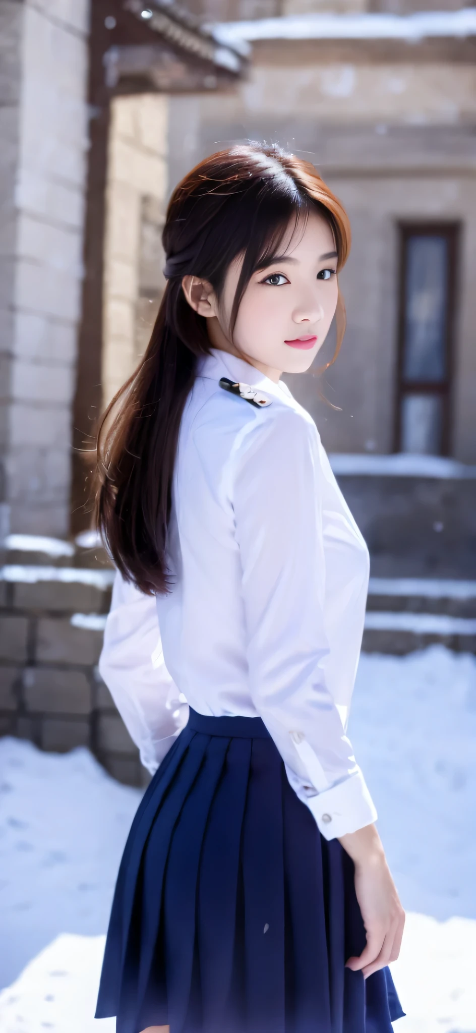 Close-up of a person in uniform standing in the snow, girl in uniform, JK uniform, Dilraba Dilmurat, gorgeous chinese model, Summer all over the body, Chen Xintong, Works that influenced Chen Yifei, The background is just snow, Li Zixin, girl of the alps, Yanjun Cento, Inspired by Ma Yuanyu