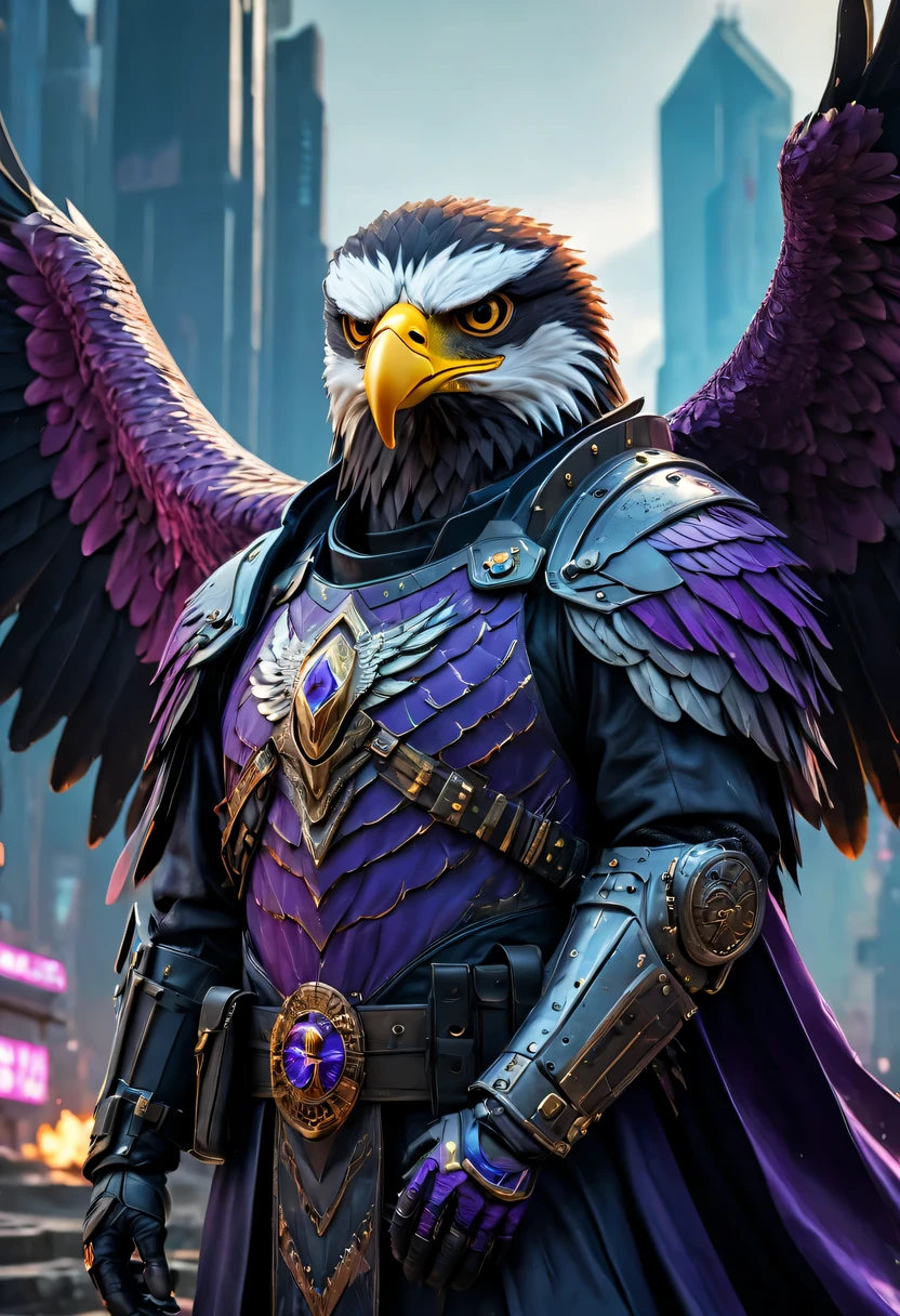 Falcon Warrior，Eagle head mask，eagle eye，Eagle's Beak， An eagle warrior with an eagle falcon face and wings stands in front of the alien city,Close-up of falcon，Huge wings sparkle， Beautiful and elegant Falcon King,The head is the head of an eagle，（（best quality））， （（masterpiece））， （high detail：1.3）， 3d， Machine gun in hand，（cyberpunk characters：1.2） special operations， ，（arm：1.1）， Bulletproof vest， raincoat， number （disguise： 1.3），Symmetric epic fantasy art, high dynamic range（high dynamic range）， Ray tracing， NVIDIA RTX， ultra high resolution， Unreal 5， subsurface scattering， PBR texture， post processing， Anisotropic filtering， depth of field， Maximum clarity and sharpness， Multi-layer textures、Albedo and reflection maps、surface coloring、Accurately simulate the interaction of light with materials、ideal proportions、Rendered by Octane、Dual color lighting、Large aperture、Low ISO、white balance、rule of thirds、8K raw data、Effective subpixel、sub-pixel convolution、 Symmetric epic fantasy art,  Lei Zhenzi is on the dedication list, The head is a falcon， Purple skin under the armor, Thunder Demon, Purple skin under the armor,  详细的number 2D 奇幻艺术, Epic Fantasy Art Style HD, 8K fantasy art, King of Birds