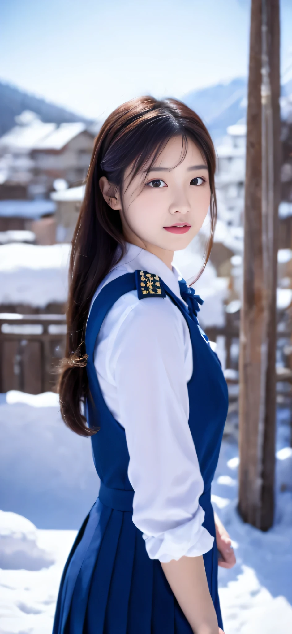 Close-up of a person in uniform standing in the snow, girl in uniform, JK uniform, Dilraba Dilmurat, gorgeous chinese model, Summer all over the body, Chen Xintong, Works that influenced Chen Yifei, The background is just snow, Li Zixin, girl of the alps, Yanjun Cento, Inspired by Ma Yuanyu