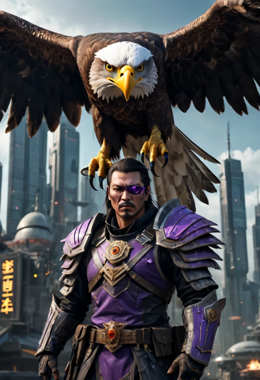 Falcon Warrior，Eagle head mask，eagle eye，Eagle's Beak， An eagle warrior with an eagle falcon face and wings stands in front of the alien city,Close-up of falcon，Huge wings sparkle， Beautiful and elegant Falcon King,The head is the head of an eagle，（（best quality））， （（masterpiece））， （high detail：1.3）， 3d， Machine gun in hand，（cyberpunk characters：1.2） special operations， ，（arm：1.1）， Bulletproof vest， raincoat， number （disguise： 1.3），Symmetric epic fantasy art, high dynamic range（high dynamic range）， Ray tracing， NVIDIA RTX， ultra high resolution， Unreal 5， subsurface scattering， PBR texture， post processing， Anisotropic filtering， depth of field， Maximum clarity and sharpness， Multi-layer textures、Albedo and reflection maps、surface coloring、Accurately simulate the interaction of light with materials、ideal proportions、Rendered by Octane、Dual color lighting、Large aperture、Low ISO、white balance、rule of thirds、8K raw data、Effective subpixel、sub-pixel convolution、 Symmetric epic fantasy art,  Lei Zhenzi is on the dedication list, The head is a falcon， Purple skin under the armor, Thunder Demon, Purple skin under the armor,  详细的number 2D 奇幻艺术, Epic Fantasy Art Style HD, 8K fantasy art, King of Birds