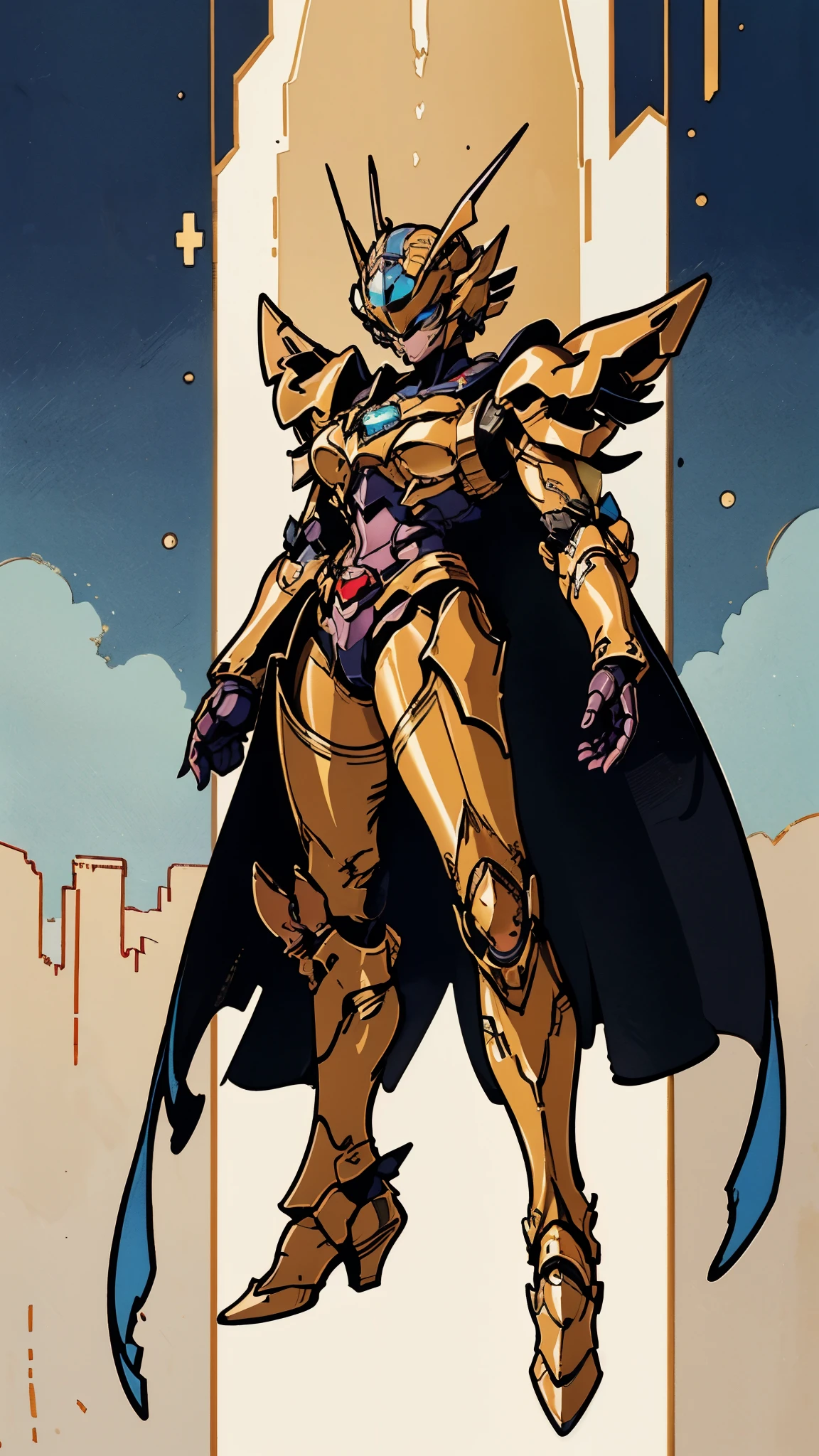 A woman adorned in fantasy-style full-body armor, a crown-concept fully enclosed helmet that unveils only her eyes, a composite layered chest plate, fully encompassing shoulder and hand guards, a lightweight waist armor, form-fitting shin guards, the overall design is heavy-duty yet flexible, ((the armor gleams with a golden glow, complemented by red and blue accents)), exhibiting a noble aura, she floats above a fantasy-surreal high-tech city, this character embodies a finely crafted fantasy-surreal style armored hero in anime style, exquisite and mature manga art style, (mixture of Queen bee and Spider concept Armor, plasma, energy), ((Element, elegant, goddess, femminine:1.5)), metallic, high definition, best quality, highres, ultra-detailed, ultra-fine painting, extremely delicate, professional, anatomically correct, symmetrical face, extremely detailed eyes and face, high quality eyes, creativity, RAW photo, UHD, 32k, Natural light, cinematic lighting, masterpiece-anatomy-perfect, masterpiece:1.5