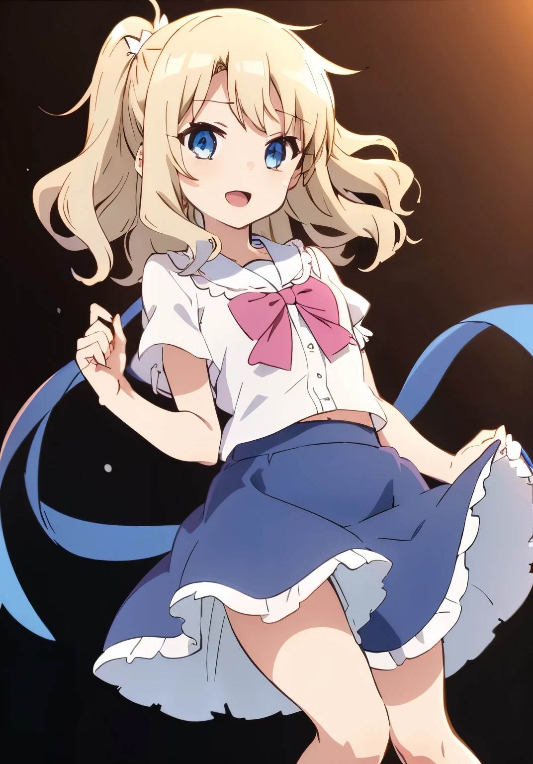 highest quality、one girl、、 girl、12 year old girl、wavy blonde hair、white ruffle blouse、blue check circular skirt