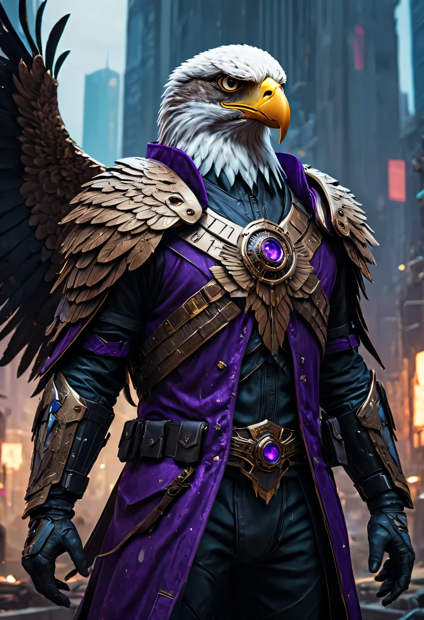 Falcon Warrior,Eagle head mask,eagle eye,Eagle's Beak, An eagle warrior with an eagle falcon face and wings stands in front of the alien city,Close-up of falcon,Huge wings sparkle, Beautiful and elegant Falcon King,The head is the head of an eagle,((best quality)), ((masterpiece)), (high detail:1.3), 3d, Machine gun in hand,(cyberpunk characters:1.2) special operations, ,(arm:1.1), Bulletproof vest, raincoat, number (disguise: 1.3),Symmetric epic fantasy art, high dynamic range(high dynamic range), Ray tracing, NVIDIA RTX, ultra high resolution, Unreal 5, subsurface scattering, PBR texture, post processing, Anisotropic filtering, depth of field, Maximum clarity and sharpness, Multi-layer textures、Albedo and reflection maps、surface coloring、Accurately simulate the interaction of light with materials、ideal proportions、Rendered by Octane、Dual color lighting、Large aperture、Low ISO、white balance、rule of thirds、8K raw data、Effective subpixel、sub-pixel convolution、 Symmetric epic fantasy art, Lei Zhenzi is on the dedication list, The head is a falcon, Purple skin under the armor, Thunder Demon, Purple skin under the armor, 详细的number 2D 奇幻艺术, Epic Fantasy Art Style HD, 8K fantasy art, King of Birds