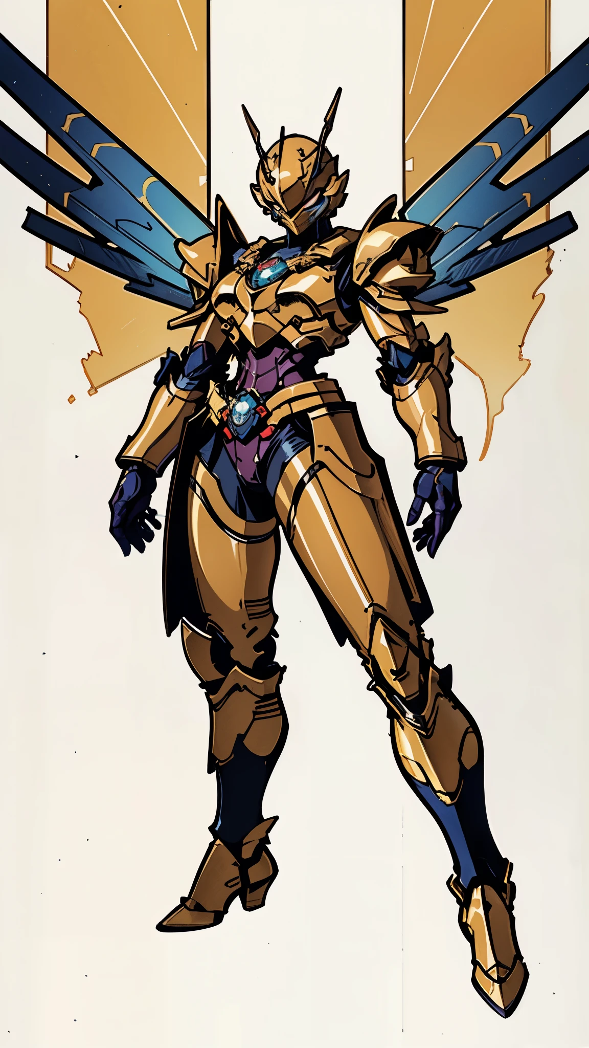 A woman adorned in fantasy-style full-body armor, a crown-concept fully enclosed helmet that unveils only her eyes, a composite layered chest plate, fully encompassing shoulder and hand guards, a lightweight waist armor, form-fitting shin guards, the overall design is heavy-duty yet flexible, ((the armor gleams with a golden glow, complemented by red and blue accents)), exhibiting a noble aura, she floats above a fantasy-surreal high-tech city, this character embodies a finely crafted fantasy-surreal style armored hero in anime style, exquisite and mature manga art style, (mixture of Queen bee and Spider concept Armor, plasma, energy), ((Element, elegant, goddess, femminine:1.5)), metallic, high definition, best quality, highres, ultra-detailed, ultra-fine painting, extremely delicate, professional, anatomically correct, symmetrical face, extremely detailed eyes and face, high quality eyes, creativity, RAW photo, UHD, 32k, Natural light, cinematic lighting, masterpiece-anatomy-perfect, masterpiece:1.5