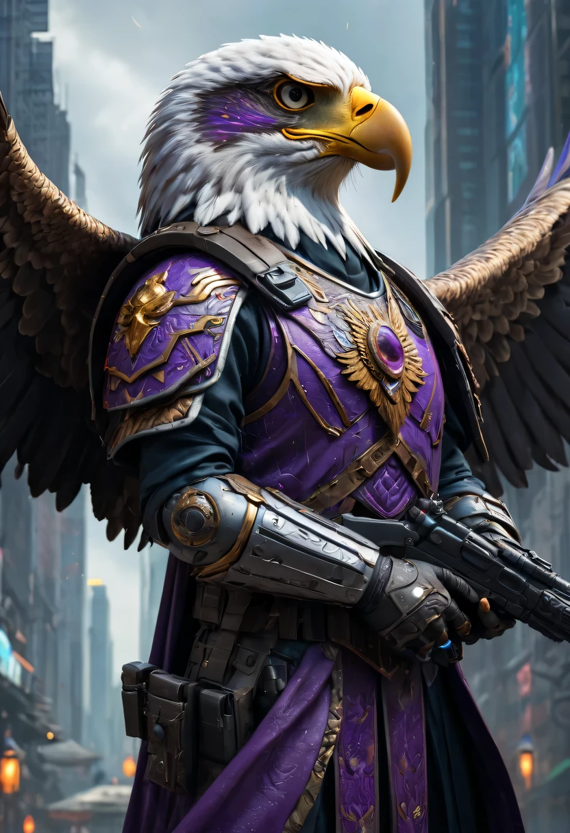 Falcon Warrior，Eagle head mask，eagle eye，Eagle's Beak， An eagle warrior with an eagle falcon face and wings stands in front of the alien city,Close-up of falcon，Huge wings sparkle， Beautiful and elegant Falcon King,The head is the head of an eagle，（（best quality））， （（masterpiece））， （high detail：1.3）， 3d， Machine gun in hand，（cyberpunk characters：1.2） special operations， ，（arm：1.1）， Bulletproof vest， raincoat， number （disguise： 1.3），Symmetric epic fantasy art, high dynamic range（high dynamic range）， Ray tracing， NVIDIA RTX， ultra high resolution， Unreal 5， subsurface scattering， PBR texture， post processing， Anisotropic filtering， depth of field， Maximum clarity and sharpness， Multi-layer textures、Albedo and reflection maps、surface coloring、Accurately simulate the interaction of light with materials、ideal proportions、Rendered by Octane、Dual color lighting、Large aperture、Low ISO、white balance、rule of thirds、8K raw data、Effective subpixel、sub-pixel convolution、 Symmetric epic fantasy art,  Lei Zhenzi is on the dedication list, The head is a falcon， Purple skin under the armor, Thunder Demon, Purple skin under the armor,  详细的number 2D 奇幻艺术, Epic Fantasy Art Style HD, 8K fantasy art, King of Birds