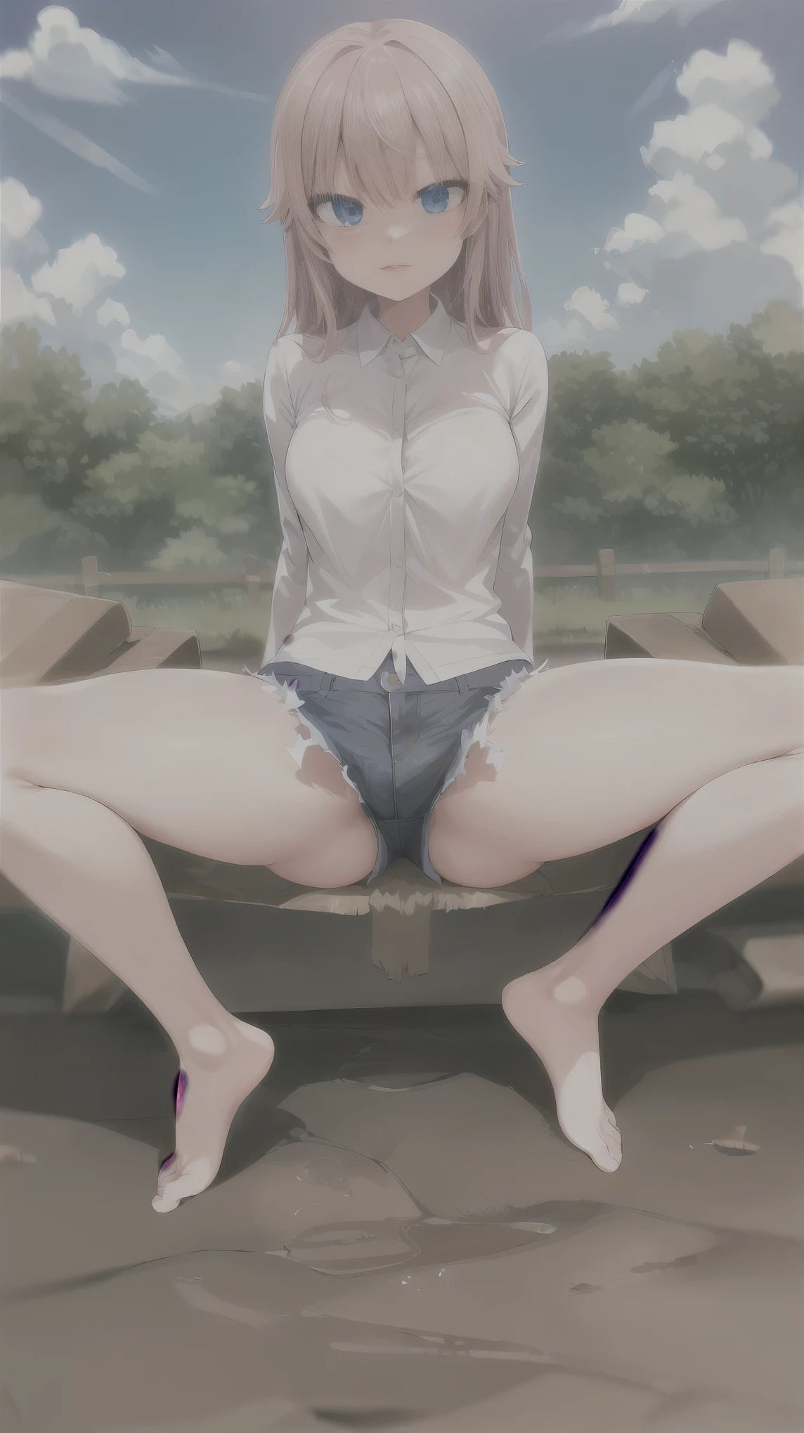 (masterpiece, highest quality:1.2), (cowboy shot), alone, 1 girl, greedy, closed mouth, looking at the viewer, teeth, wide hips, shirt, short shorts, T-back, (squat), (spread your legs), blue sky, beauty in return