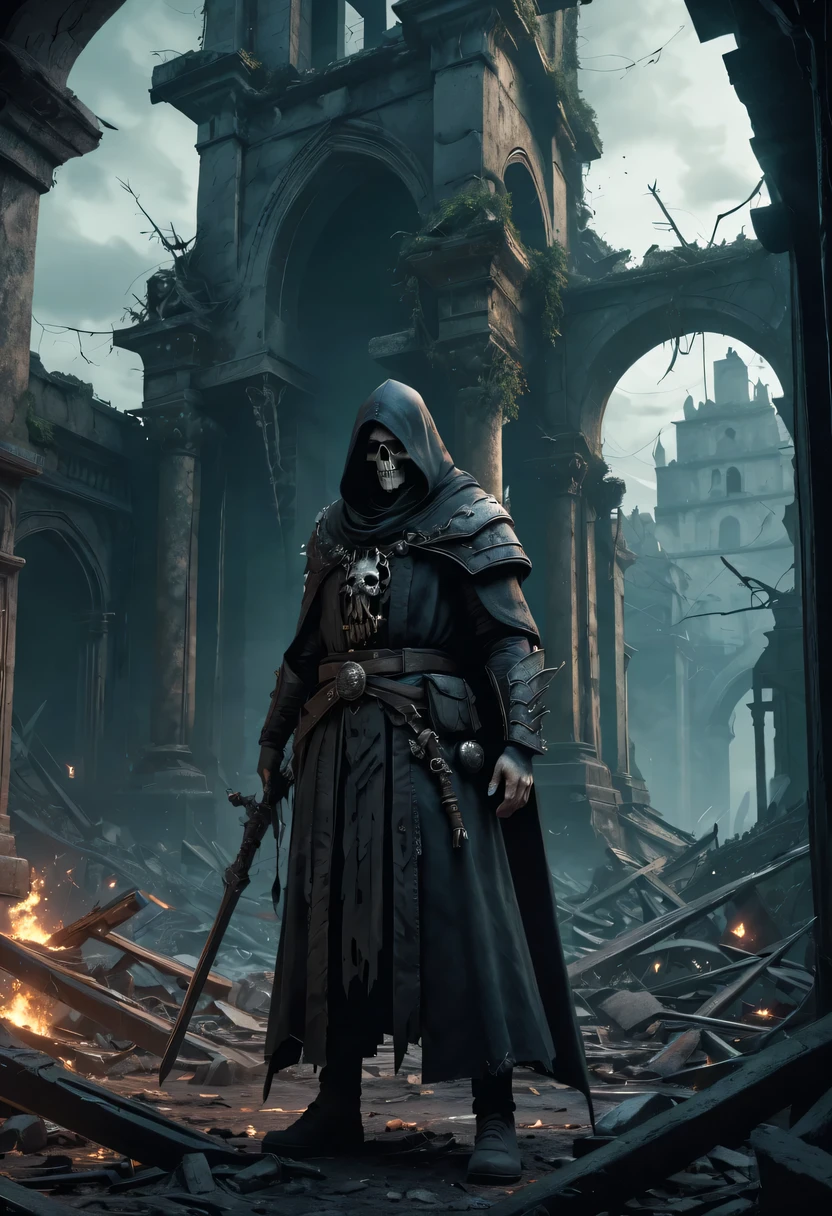 (Very detailed 8K wallpapers),kind necromancer,medium shot,complicated,high detail,dramatic,The forgotten war,city ruins。