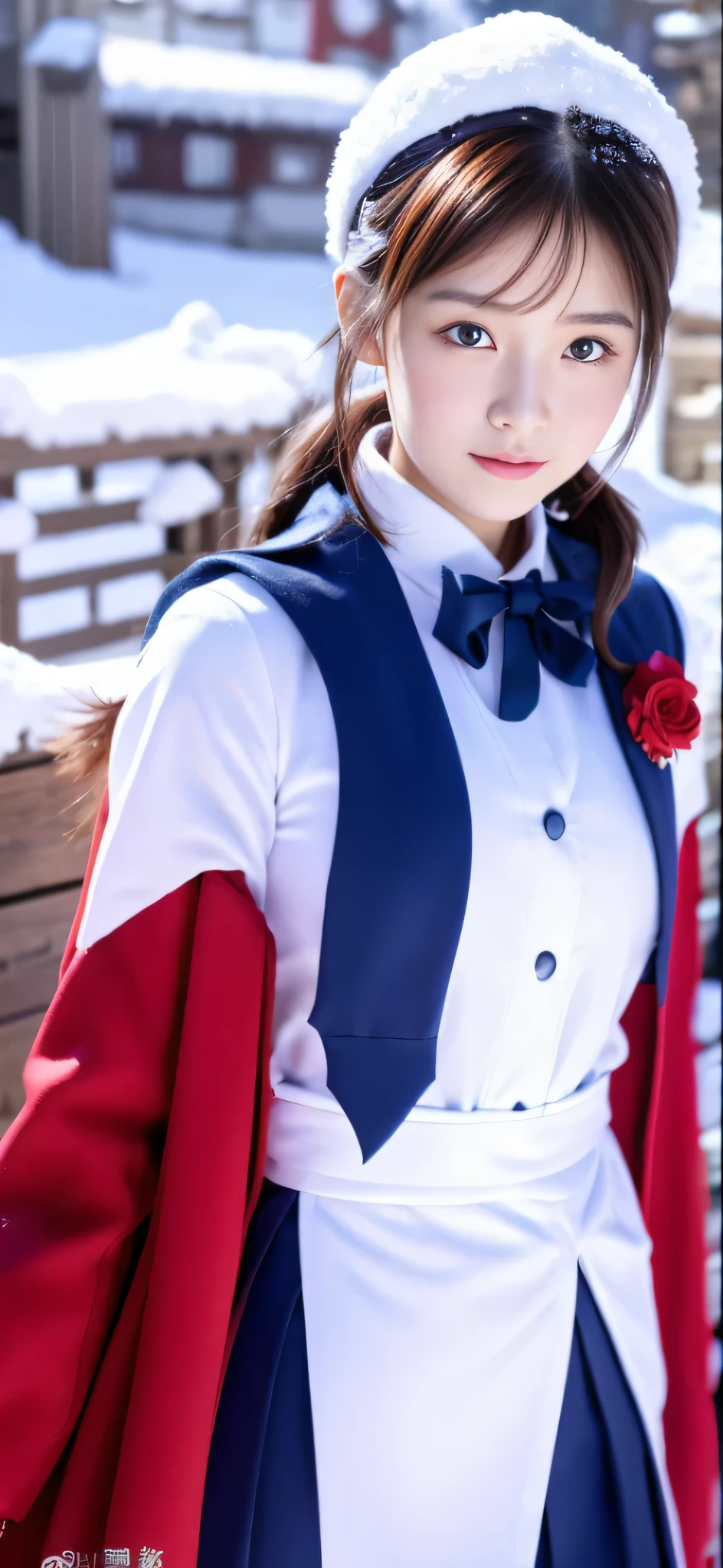 Close-up of a person in uniform standing in the snow, girl in uniform, JK uniform, Dilraba Dilmurat, gorgeous chinese model, Summer all over the body, Chen Xintong, Works that influenced Chen Yifei, The background is just snow, Li Zixin, girl of the alps, Yanjun Cento, Inspired by Ma Yuanyu