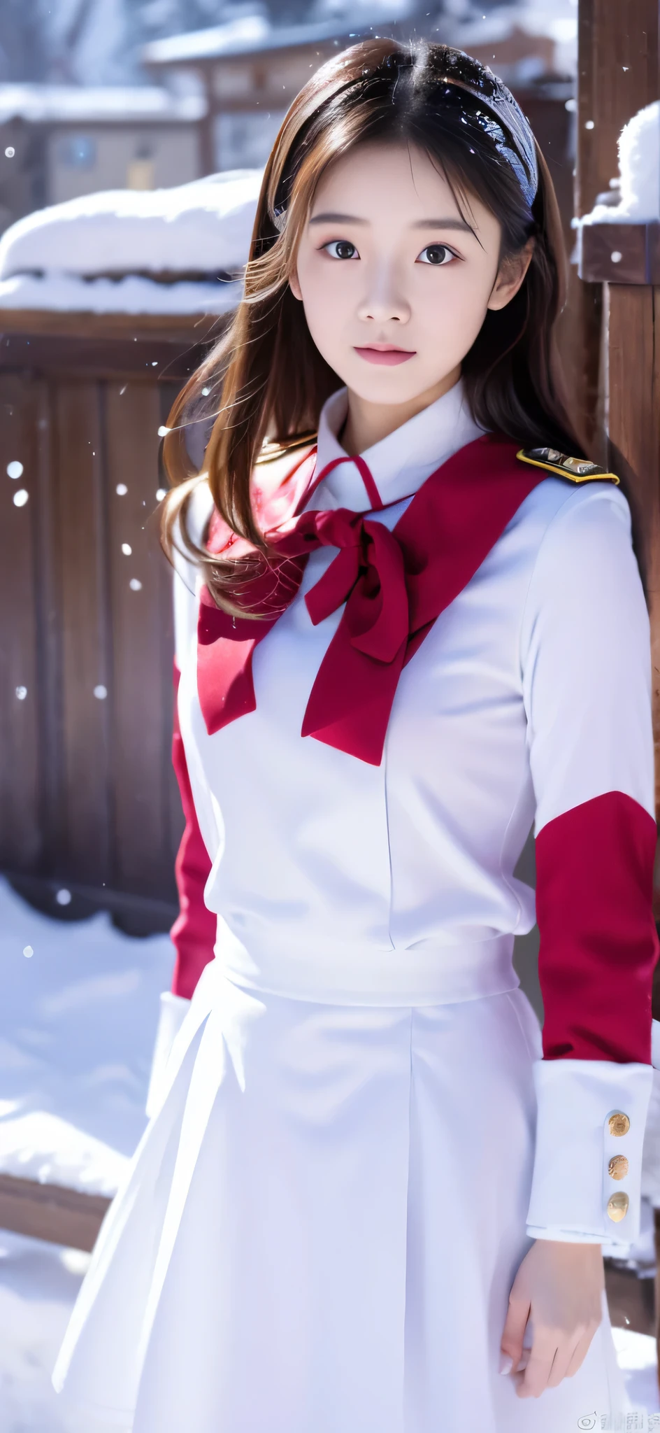 Close-up of a person in uniform standing in the snow, girl in uniform, JK uniform, Dilraba Dilmurat, gorgeous chinese model, Summer all over the body, Chen Xintong, Works that influenced Chen Yifei, The background is just snow, Li Zixin, girl of the alps, Yanjun Cento, Inspired by Ma Yuanyu