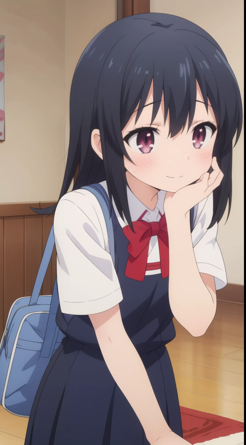 (One girl-) with black hair, Untidy hair,,,,,, dirty hair, red tired eyes, In Japanese school uniform, bare feet. bags under the eyes, Lots of eye shadow,, yandere, Crazy evil smile with teeth, In the background of an ordinary home room
