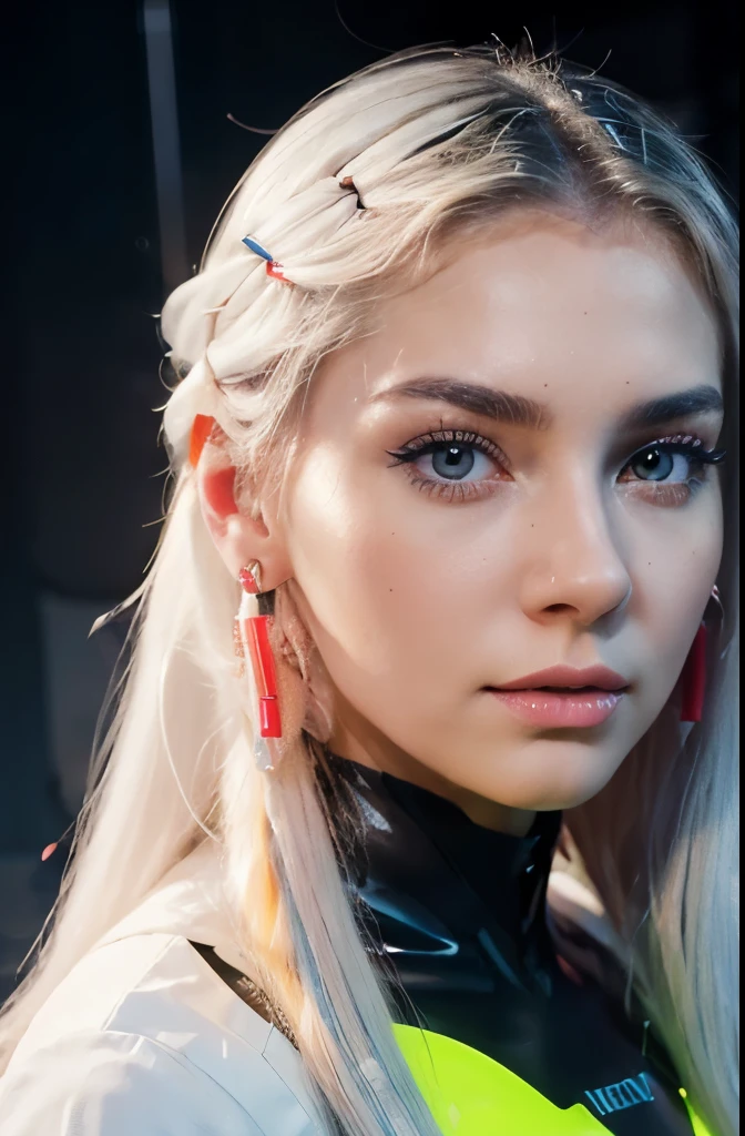 face of a beautiful futuristic girl of about 22 years old. Her's Her's nose, redder than the rest of her skin, contrasting with the rest of her pale skin. Her eyes are very, very large and brighter than a normal human's, magnetic brightness. Her electric blue eyebrows are large and exaggerated, painting a portrait of intense expression. expressive form, charming face. (((fluorescent white neon long hair))). some beads and colorful ribbons woven into her short hair. her face has a contemporary and futuristic look. Her lips, painted in bold shades of bright orange. Their chromatic intensity completes the extraordinary ensemble, giving an aura of glamor and refinement to this girl with a memorable face.