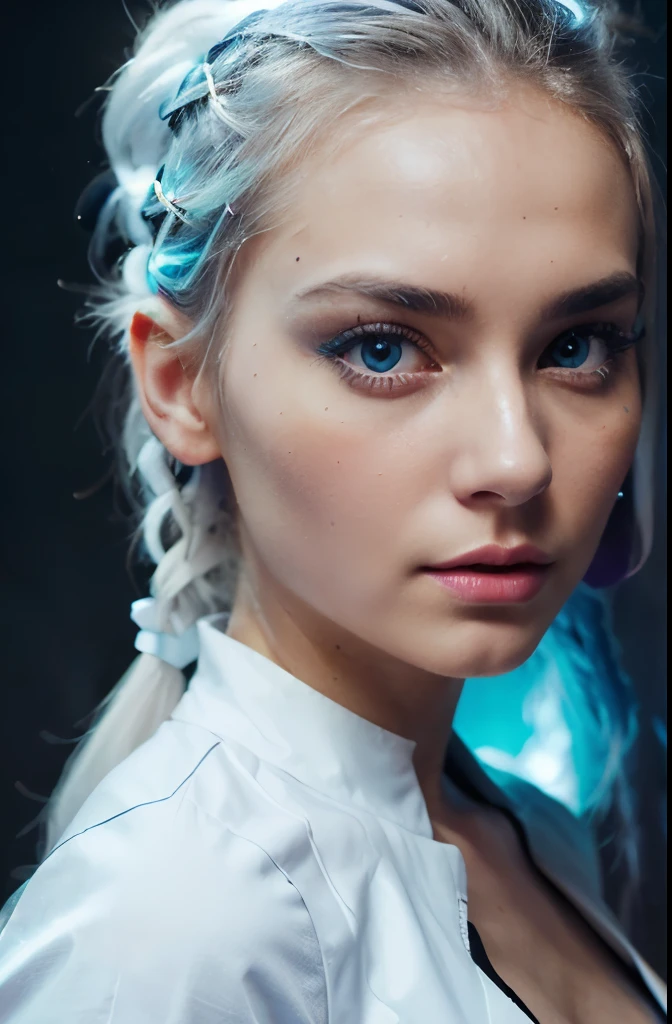 face of a beautiful futuristic girl of about 22 years old. Her's Her's nose, redder than the rest of her skin, contrasting with the rest of her pale skin. Her eyes are very, very large and brighter than a normal human's, magnetic brightness. Her electric blue eyebrows are large and exaggerated, painting a portrait of intense expression. expressive form, charming face. (((fluorescent white neon long hair))). some beads and colorful ribbons woven into her short hair. her face has a contemporary and futuristic look. Her lips, painted in bold shades of bright orange. Their chromatic intensity completes the extraordinary ensemble, giving an aura of glamor and refinement to this girl with a memorable face.