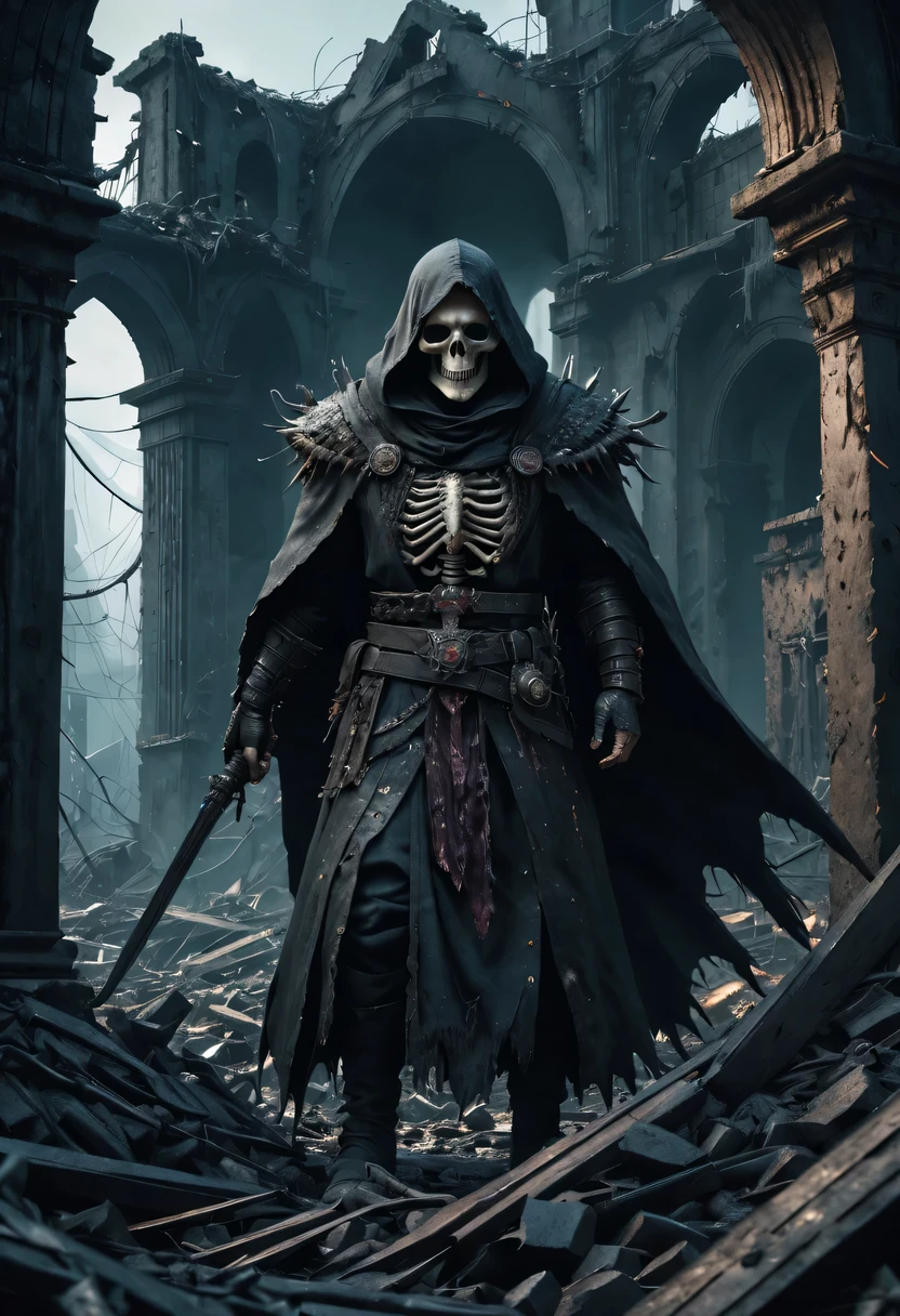 (Very detailed 8K wallpapers),A terrifying necromancer,medium shot,complicated,high detail,dramatic,The forgotten war,city ruins。