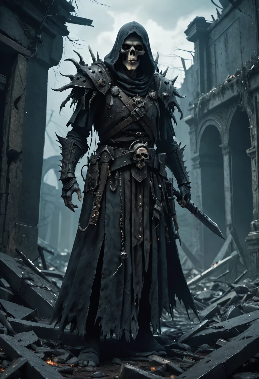 (Very detailed 8K wallpapers),A terrifying necromancer,medium shot,complicated,high detail,dramatic,The forgotten war,city ruins。