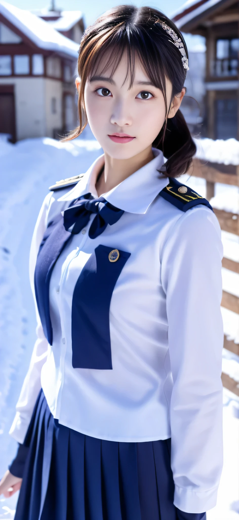 genuine、８ｋ、Close-up of a person in uniform standing in the snow, girl in uniform, JK uniform, Dilraba Dilmurat, gorgeous chinese model, Summer all over the body, Chen Xintong, Works that influenced Chen Yifei, The background is just snow, Li Zixin, girl of the alps, Yanjun Cento, Inspired by Ma Yuanyu