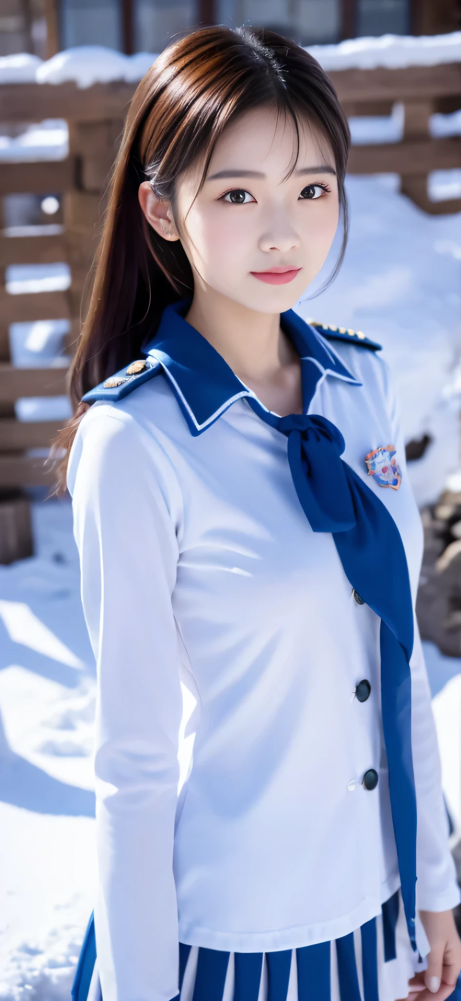 genuine、８ｋ、Close-up of a person in uniform standing in the snow, girl in uniform, JK uniform, Dilraba Dilmurat, gorgeous chinese model, Summer all over the body, Chen Xintong, Works that influenced Chen Yifei, The background is just snow, Li Zixin, girl of the alps, Yanjun Cento, Inspired by Ma Yuanyu